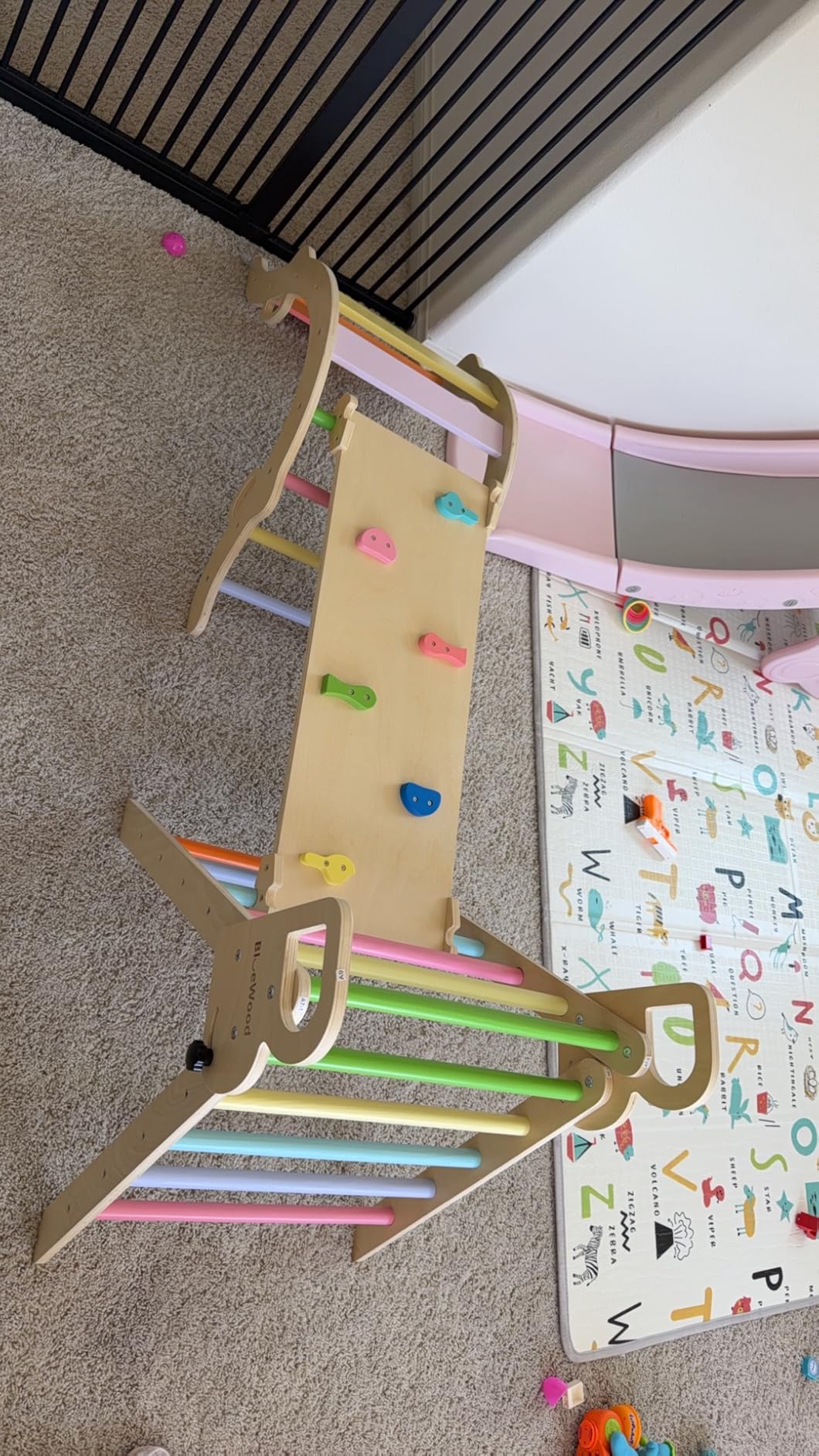 BlueWood Pikler Triangle Set with Cushion - Climbing Toys for Toddlers 9-in-1, Montessori Philosophy Play Jungle Gym with Arch, Ramp, Ladder (Rainbow) customer photo 2