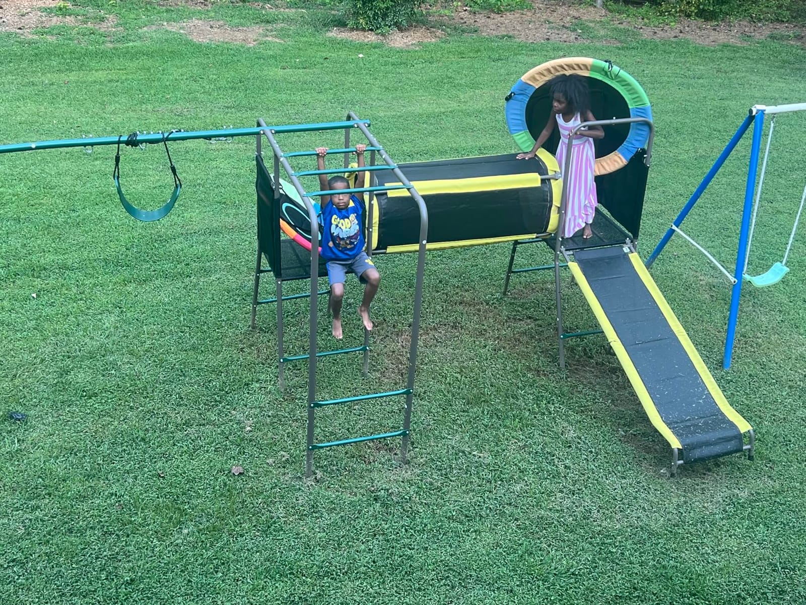 Hapfan Swing Set with Slide, Crawl Tunnel and Monkey Bars for Backyard | 5 in 1 Jungle Gym Outdoor: Saucer Swing + Belt Swing + Slide + Tunnel + Monkey Bar, Galvanized Pipe, ASTM | CPSC Compliant customer photo 1