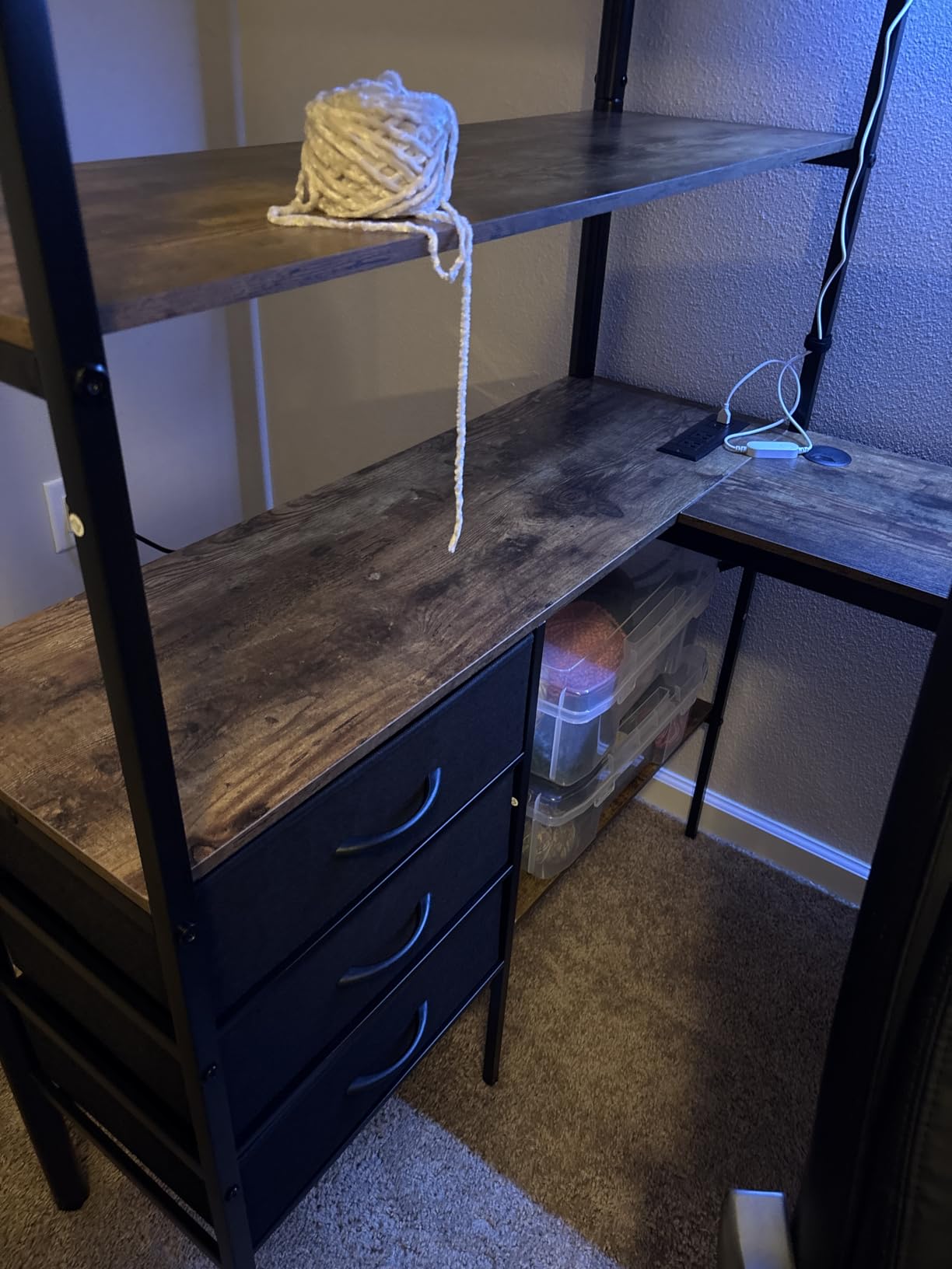 Twin Size Loft Bed with L-Shaped Desk, LED Lights,Charging Station, Industrial Heavy Duty Metal Loft Bed Frame with 3 Storage Shelves and 3 Fabric Drawers, Safety Guard & Ladder, Vintage Brown customer photo 1