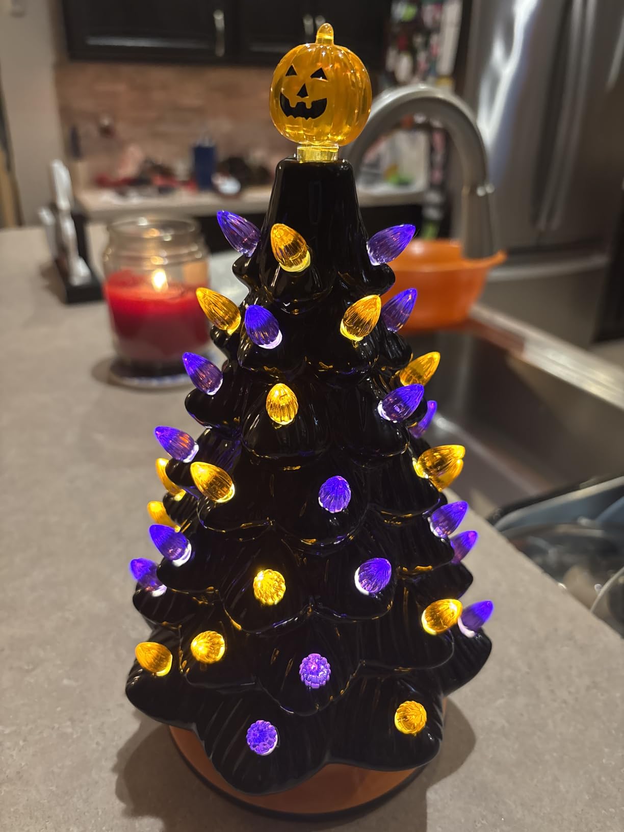 Casafield Hand Painted Ceramic Christmas Tree, Blue Snow Flocked 12-Inch Pre-Lit Tree with 100 Multi Color Lights and 2 Star Toppers customer photo 1