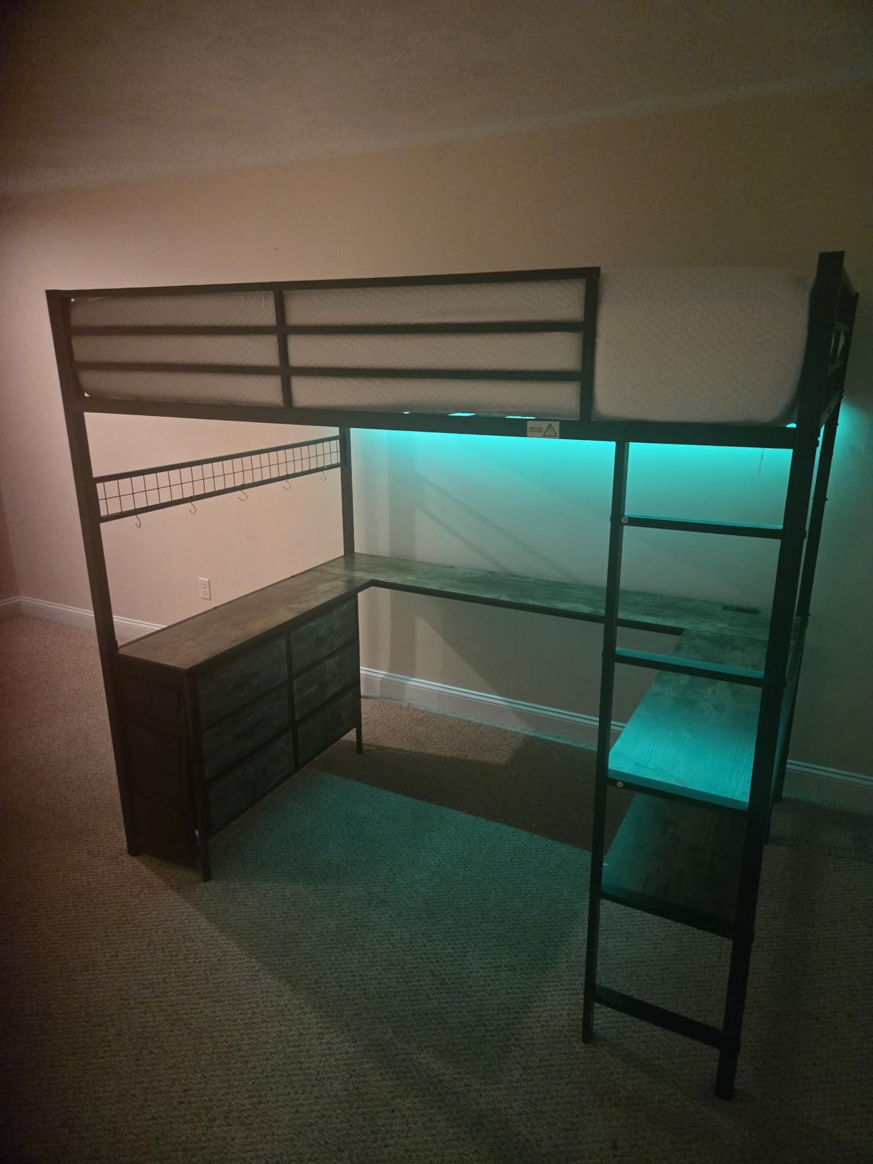 ADORNEVE Loft Bed Full Size with U-Shaped Desk, 6 Storage Drawers, Power Outlet, LED Metal Loft Bed with 2 Storage Shelves, Bed with Safety Guardrail & Ladders,Space-Saving,White customer photo 2
