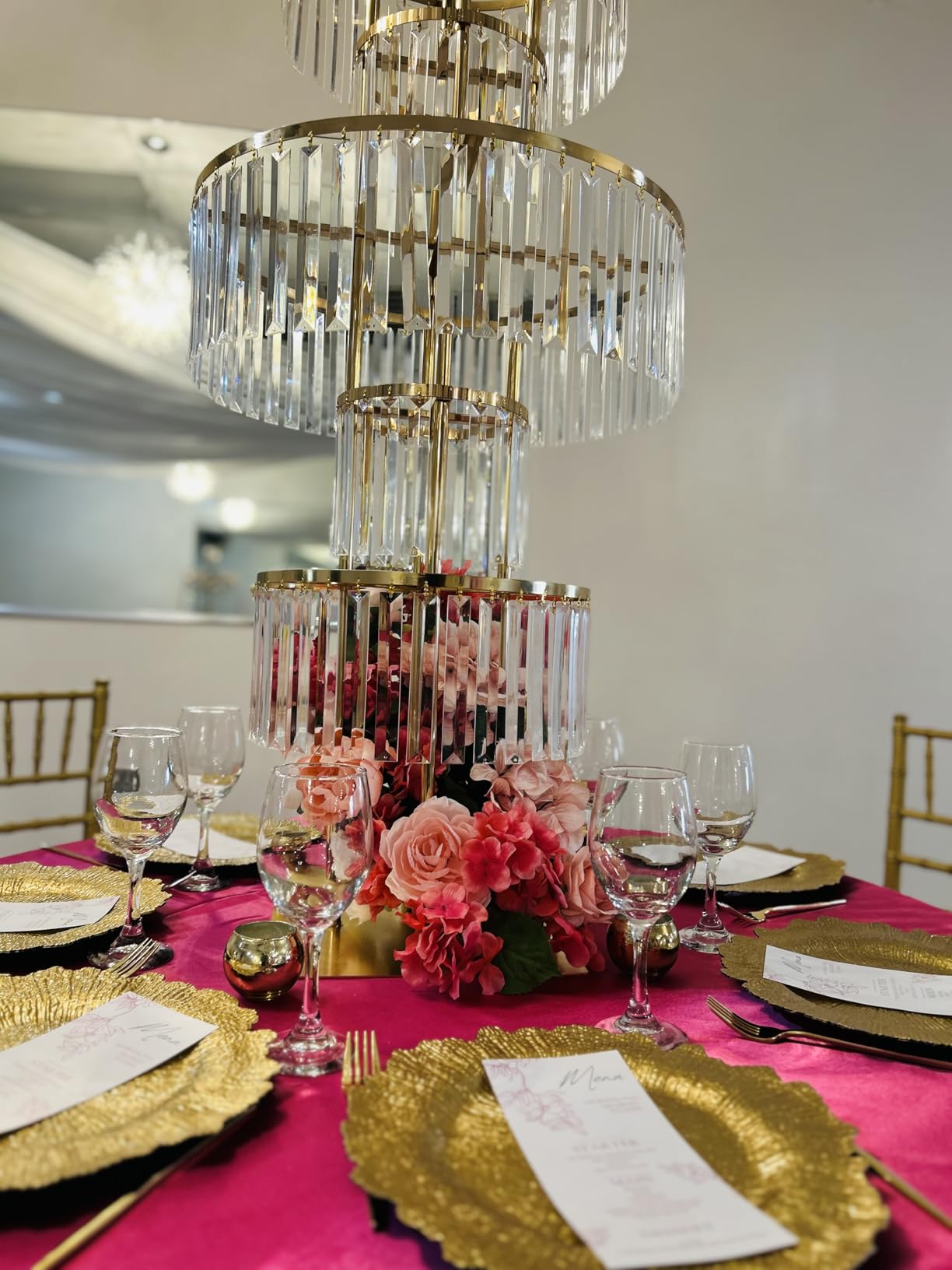 2pcs Wedding Gold Vases Centerpieces, Gold Crystal Vases for Centerpieces, 5 Tier Round Chandelier Pedestal Stand for Wedding Reception Birthday customer photo 1