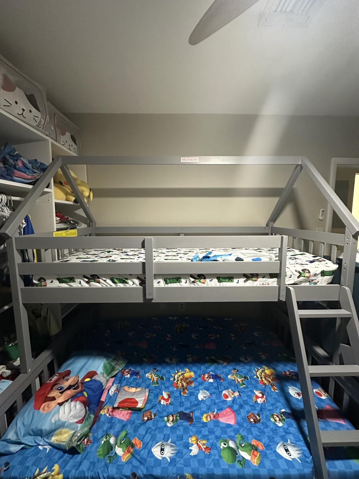 KOMFOTT Wood Twin Over Twin Bunk Bed with Slide & Staircase, Twin House Bunk Bed with Safety Guardrails & Storage, Floor House Bed with Wooden Slat Support for Boys Girls, No Box Spring Needed (White) customer photo 1