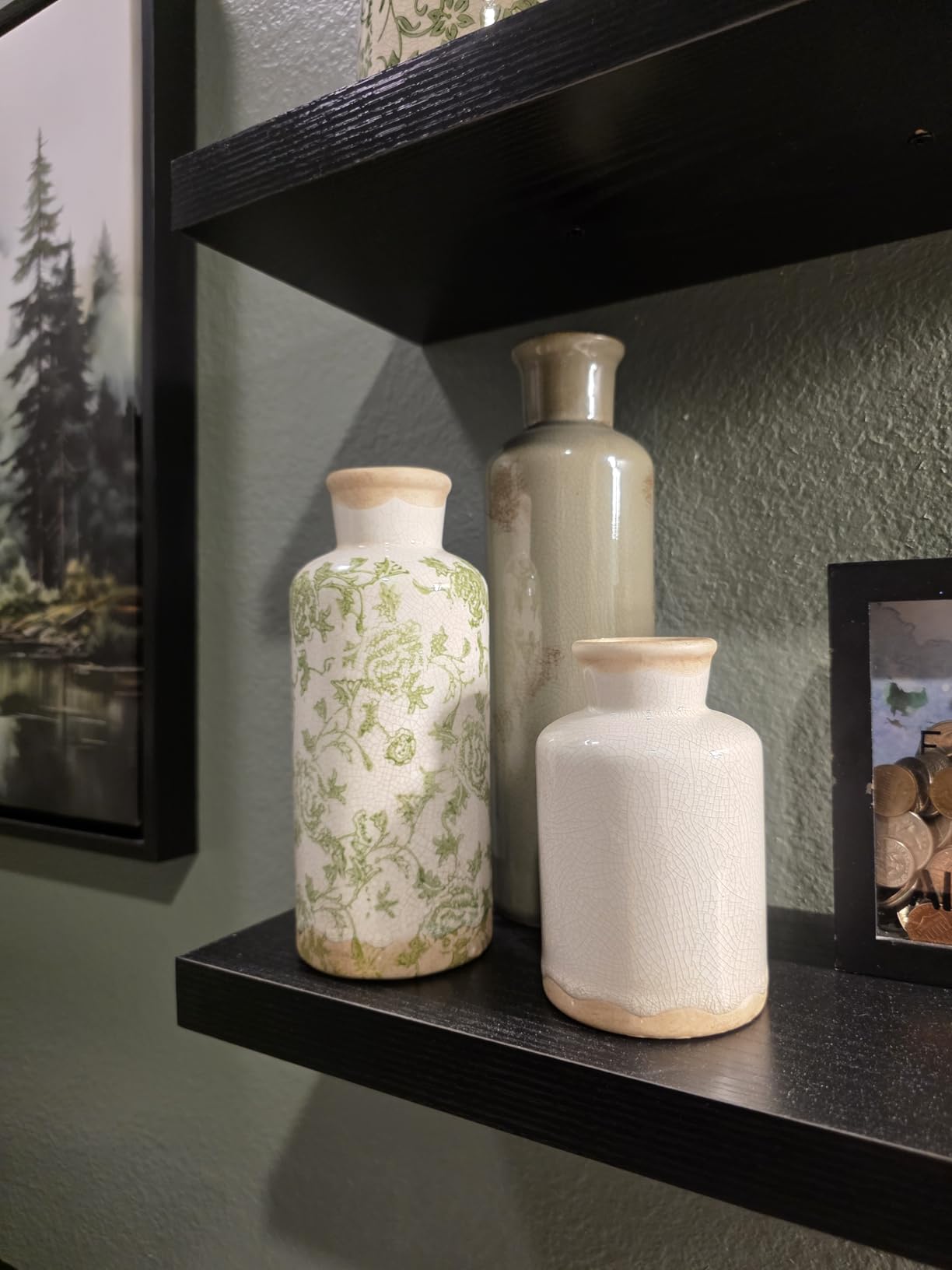 Vintage Vase Set of 3, Ceramic Vintage Flower Vases, Chinoiserie Decorative Home Decor Retro Floral Vase Rustic Farmhouse Decor for Table Bookshelf Mantel Kitchen Living Room Office - Green and Beige customer photo 2