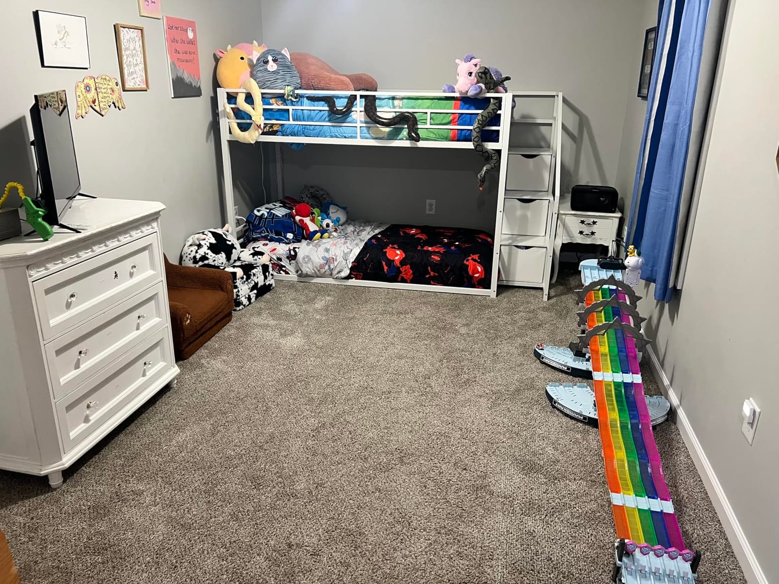 ADORNEVE Low Bunk Bed Twin Over Twin with Stairs, Storage Drawers & Shelves, RGB LED Lights Metal Floor Bunk with Power Outlet, Full-Length Guardrail & Metal Slats, for Small Space, Kids, White customer photo 1