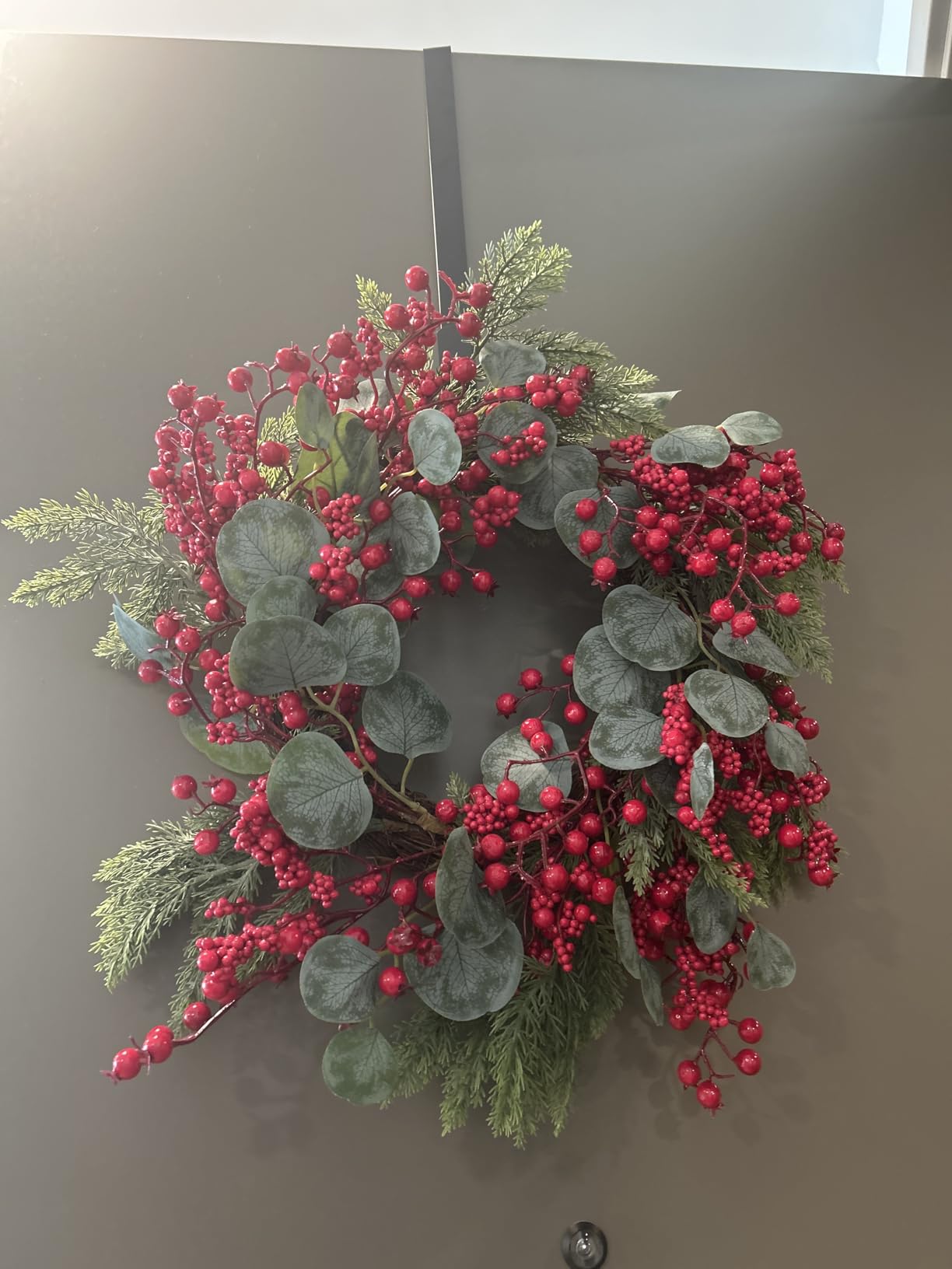 Artificial Christmas Wreath 22inch Christmas Wreaths for Front Door Xmas Red Berry Wreath with Eucalyptus Leaves Pine Needles Red Berries for Wall Farmhouse Window Winter Holidays customer photo 1