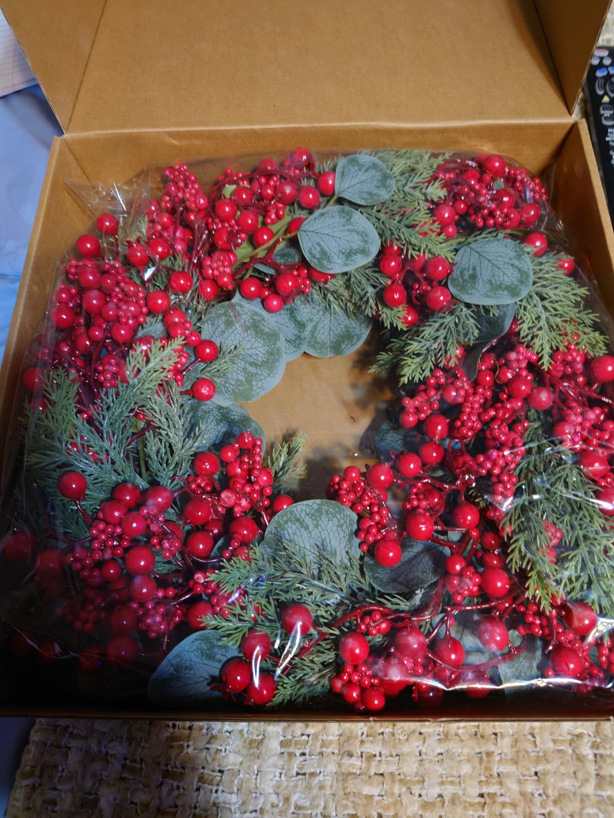 Artificial Christmas Wreath 22inch Christmas Wreaths for Front Door Xmas Red Berry Wreath with Eucalyptus Leaves Pine Needles Red Berries for Wall Farmhouse Window Winter Holidays customer photo 2