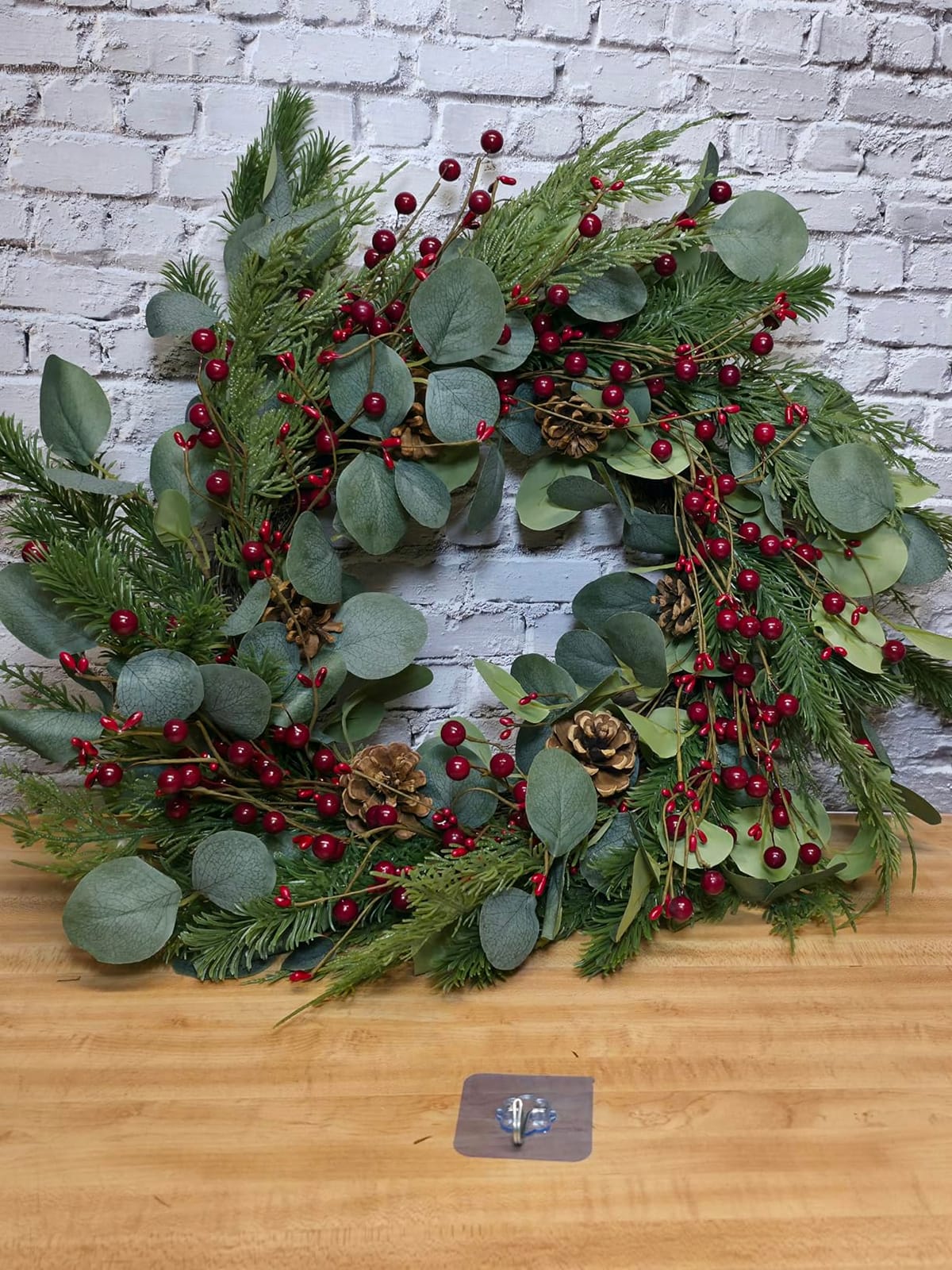 Christmas Wreath 24inch Christmas Wreaths for Front Door Xmas Red Berry Wreath with Eucalyptus Leaves Pine Cones Red Berries for Wall Window Indoor Outdoor Winter Decorations customer photo 1