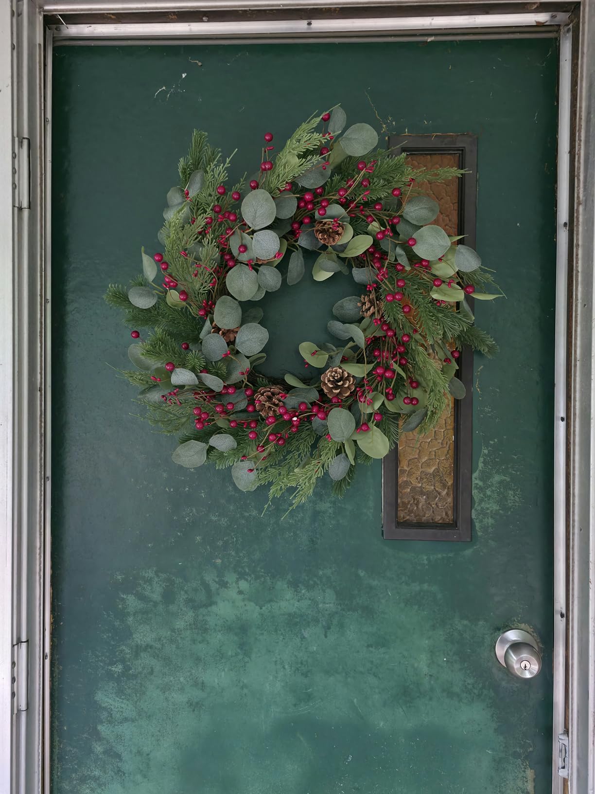 Christmas Wreath 24inch Christmas Wreaths for Front Door Xmas Red Berry Wreath with Eucalyptus Leaves Pine Cones Red Berries for Wall Window Indoor Outdoor Winter Decorations customer photo 2