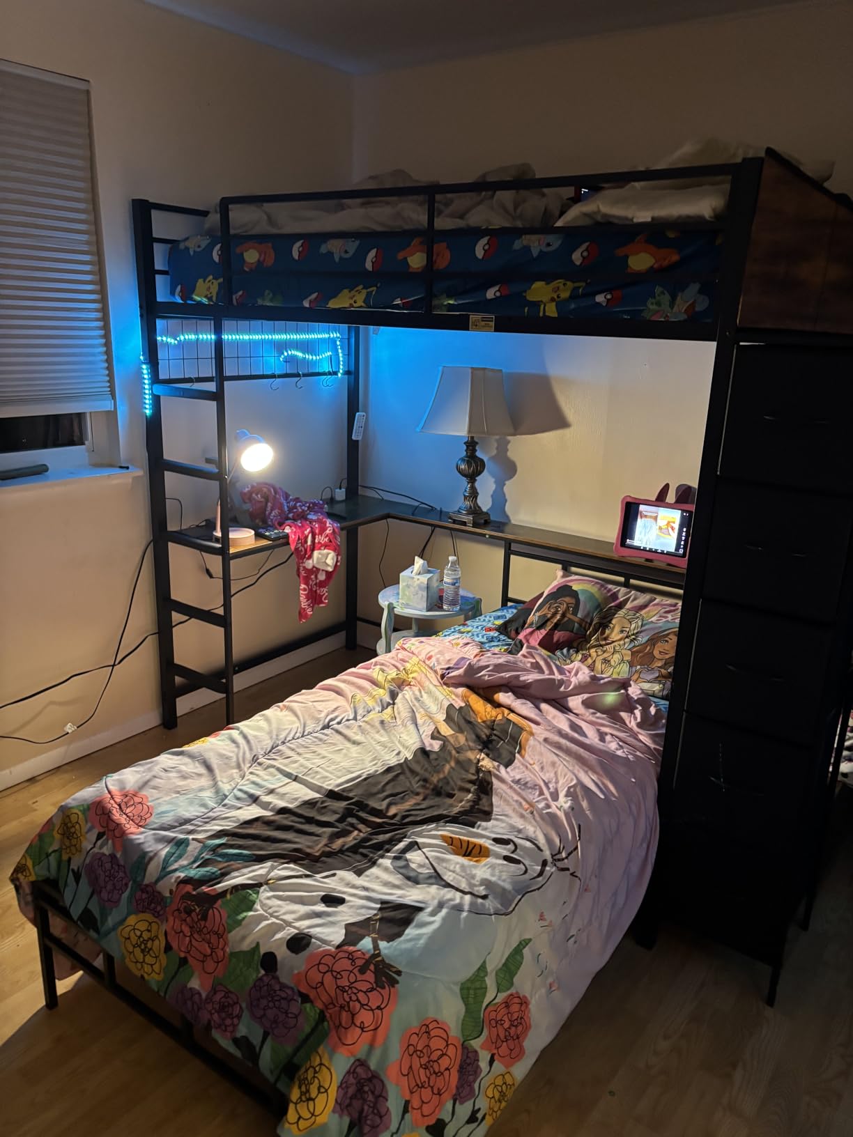 Bunk Bed Twin Over Twin with Hall Tree, Charging Station and LED Lights, L-Shaped Bunk Bed with Desk, 5 Storage Drawers, Twin Bunk Beds with Guardrail & Stairs, No Box Spring Needed, White customer photo 2