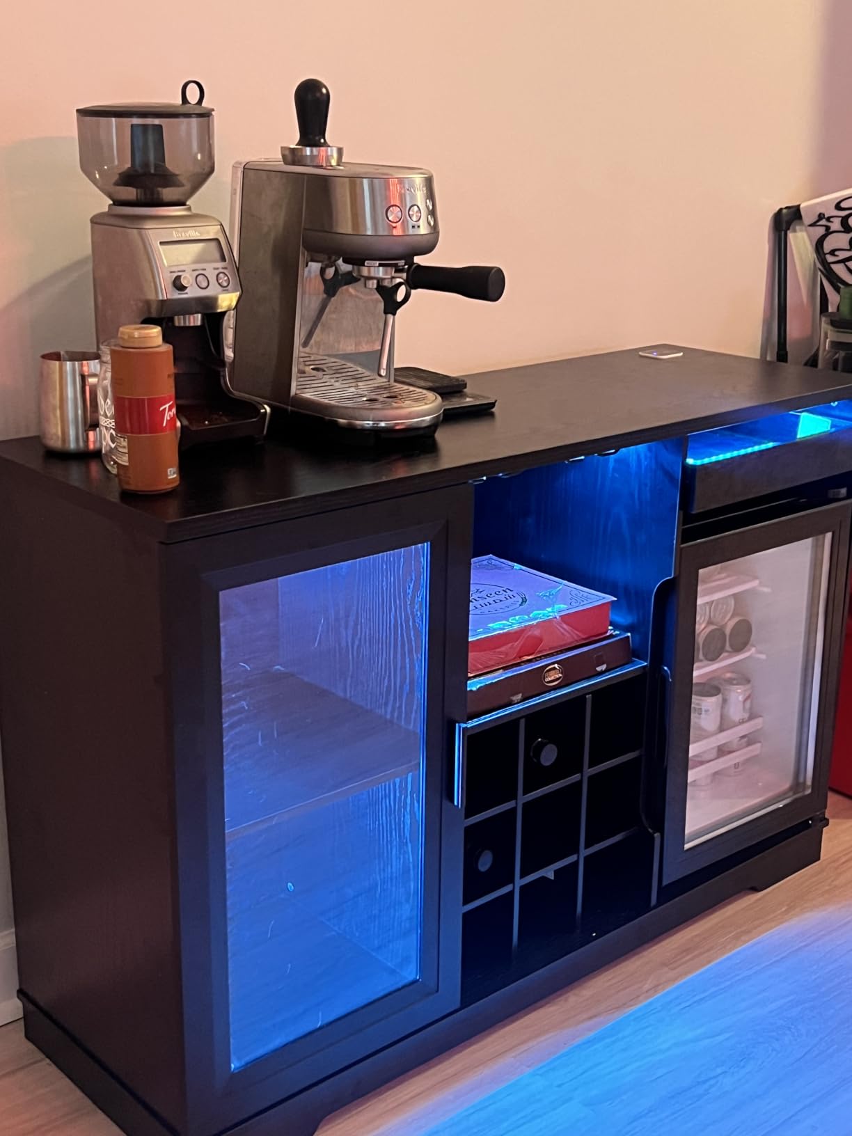 BROTTAR Large Coffee Bar Cabinet with Fridge (Fridge Included) | Liquor Wine Bar Cabinet with LED Lights, Glass Holder, Wine Rack, Human Body Sensor, Buffet Sideboard for Home, Black customer photo 1
