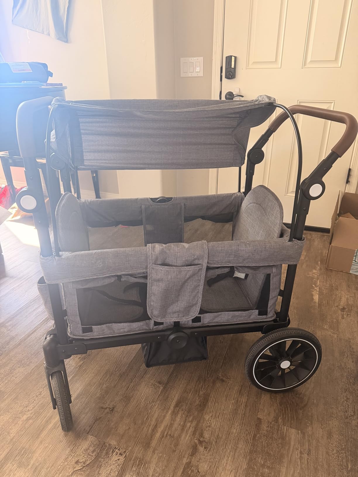 Kinder King Folding Wagon Stroller for 2 Kids, Shock-Absorbing Wheel, Gray | All-Terrain 2 Seater Stroller Wagon Outdoor, Removable Canopy, Adjustable Handle, Detachable Tray, Parent Organizer customer photo 1