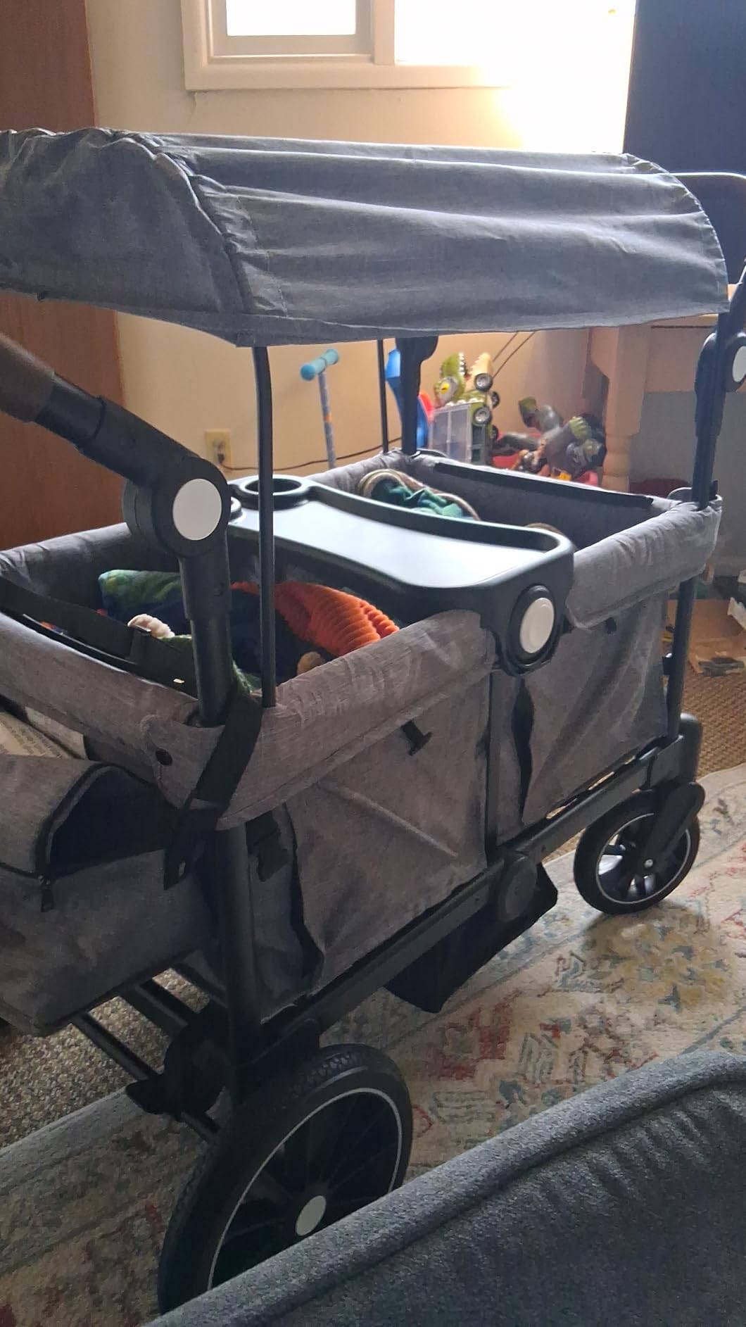 Kinder King Folding Wagon Stroller for 2 Kids, Shock-Absorbing Wheel, Gray | All-Terrain 2 Seater Stroller Wagon Outdoor, Removable Canopy, Adjustable Handle, Detachable Tray, Parent Organizer customer photo 2