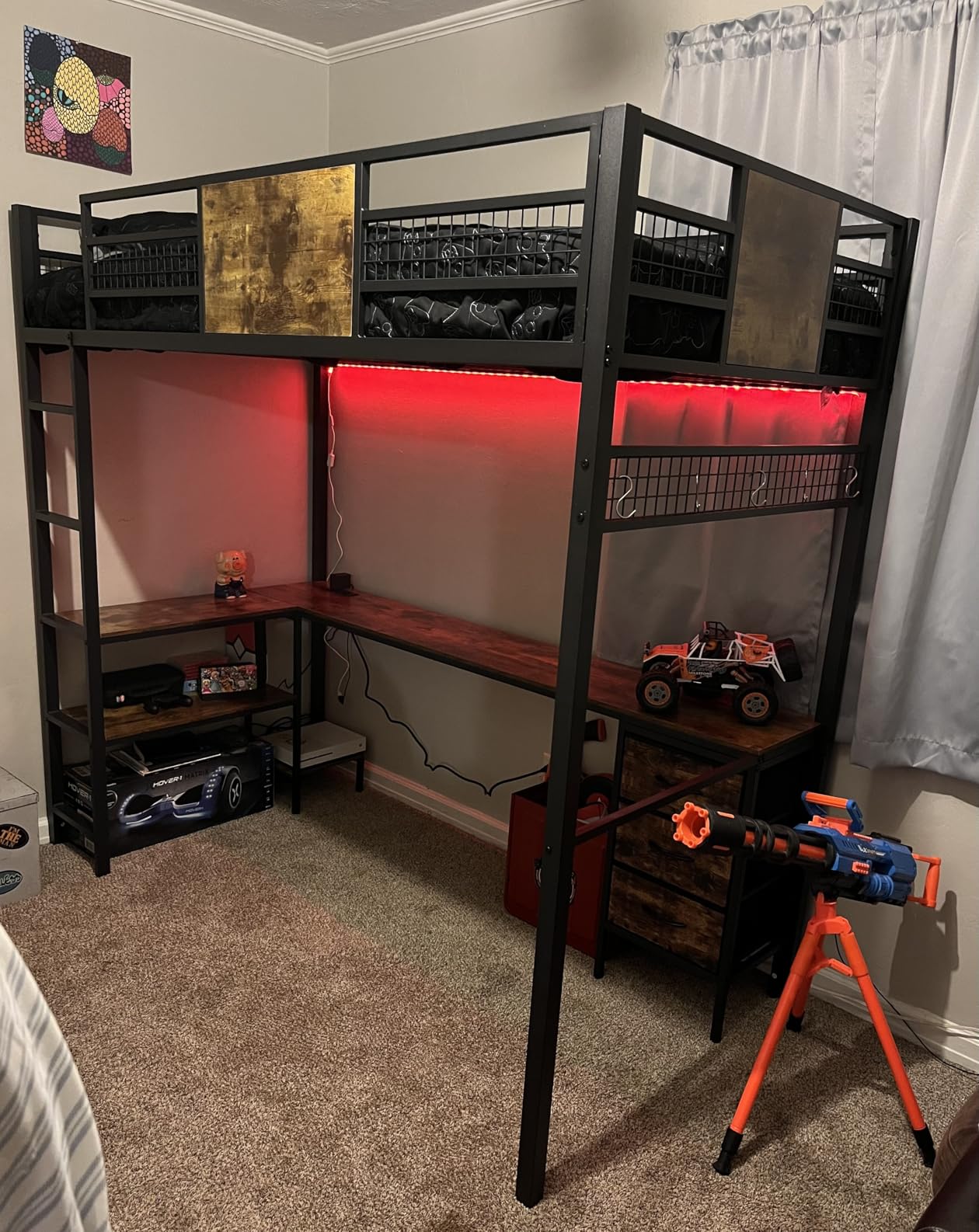 Full Size Loft Bed with Desk and Storage Drawers, Space Saving | Full Size Loft Bed, L-Shaped Desk, RGB LED Lights, Charging Station, 3 Fabric Drawers, Storage Shelves, Full-Length Guardrail customer photo 1