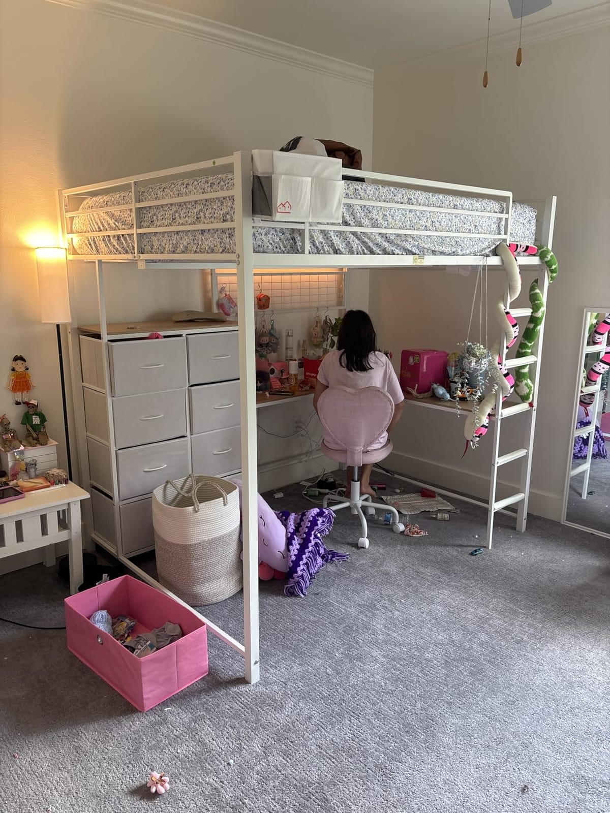DICTAC Twin Size Loft Bed with L-Shaped Desk and 7 Storage Drawers,Metal Twin Loft Bed for Kids with LED Lights and Charging Station,13.11