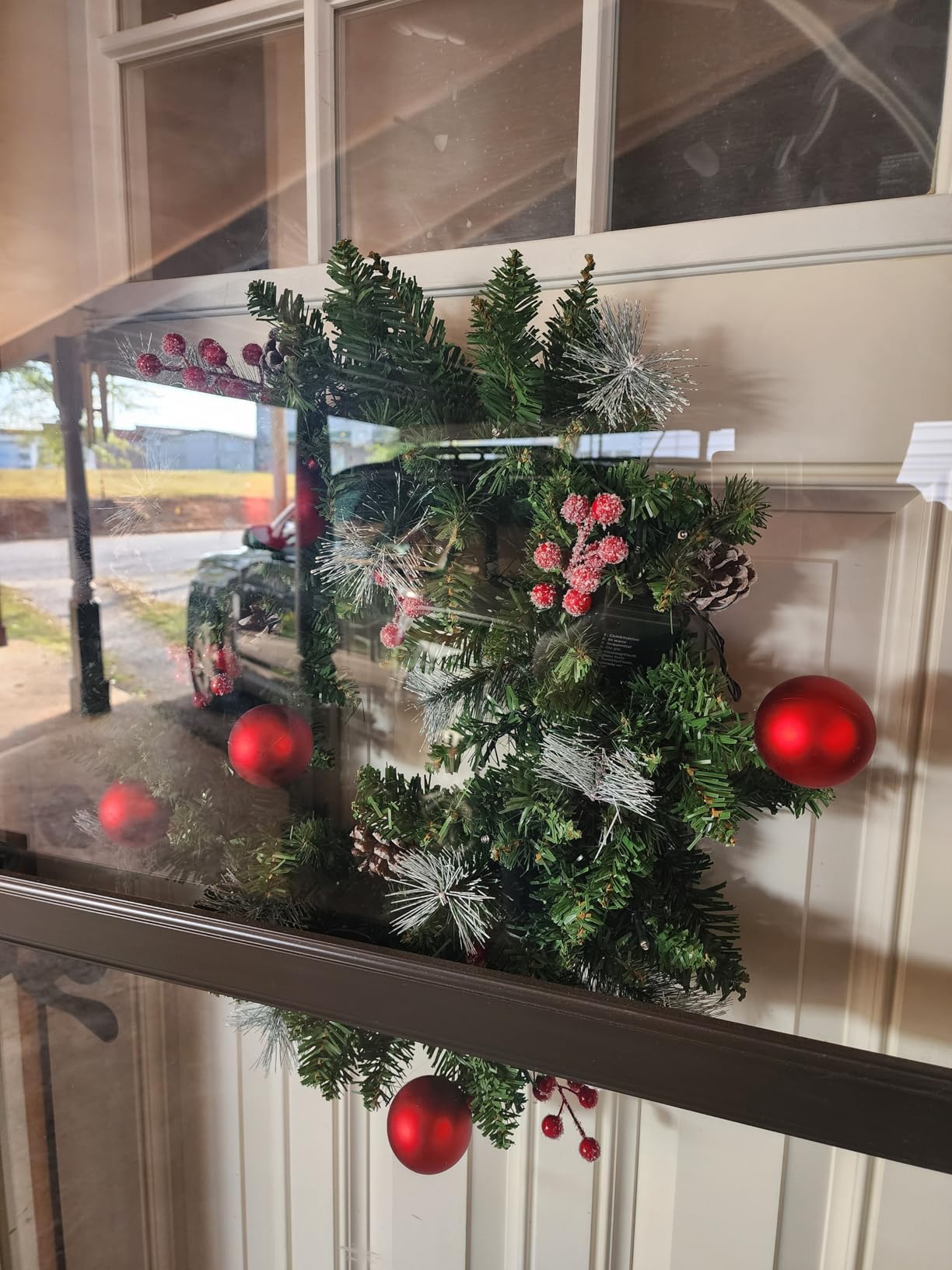 24 Inch Pre-Lit Artificial Christmas Wreath for Front Door, Christmas Door Decorations Wreath with LED Warm Lights, Balls, Pine Needles, and Red Berries Wall Windows Ornament customer photo 1