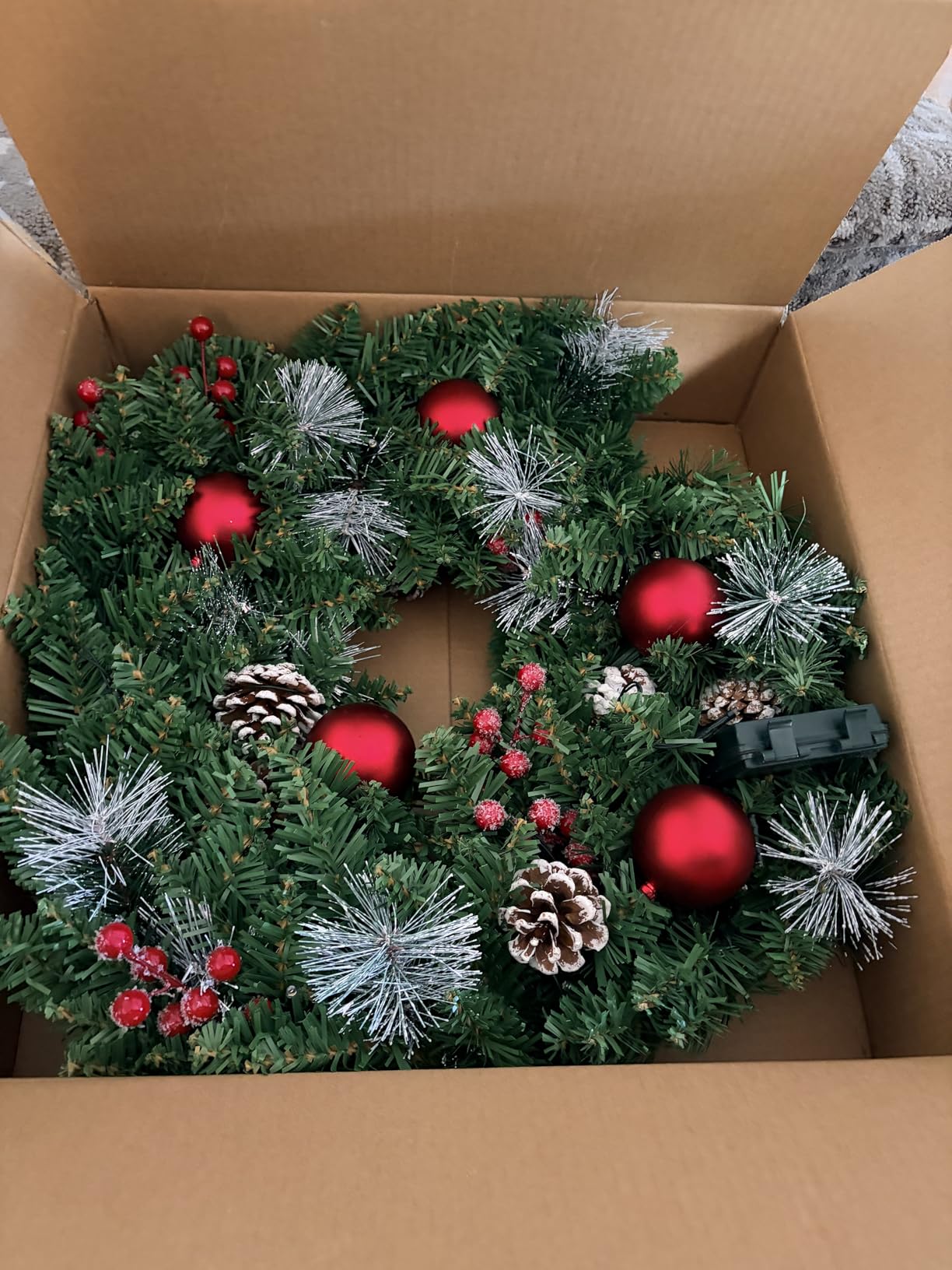 24 Inch Pre-Lit Artificial Christmas Wreath for Front Door, Christmas Door Decorations Wreath with LED Warm Lights, Balls, Pine Needles, and Red Berries Wall Windows Ornament customer photo 2