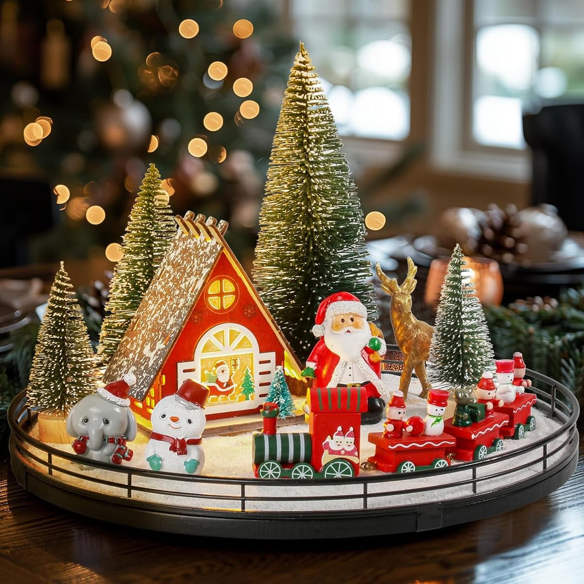 Oroyutor 12-Piece Christmas Village Centerpiece with 13-Inch Oak Lazy Susan | Includes Santa, train, house and trees on a rotating oak base customer photo 2