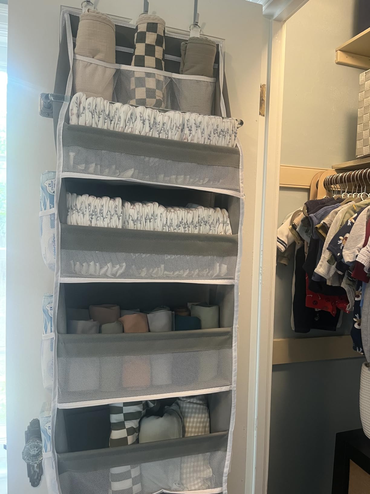 Criusia Over the Door Organizer, 6-Shelf Closet Hanging Storage with 13 Mesh Pockets, 55lbs Capacity Behind the Door Storage for Baby Nursery, Bathroom, Bedroom, and Dorm, Beige customer photo 1