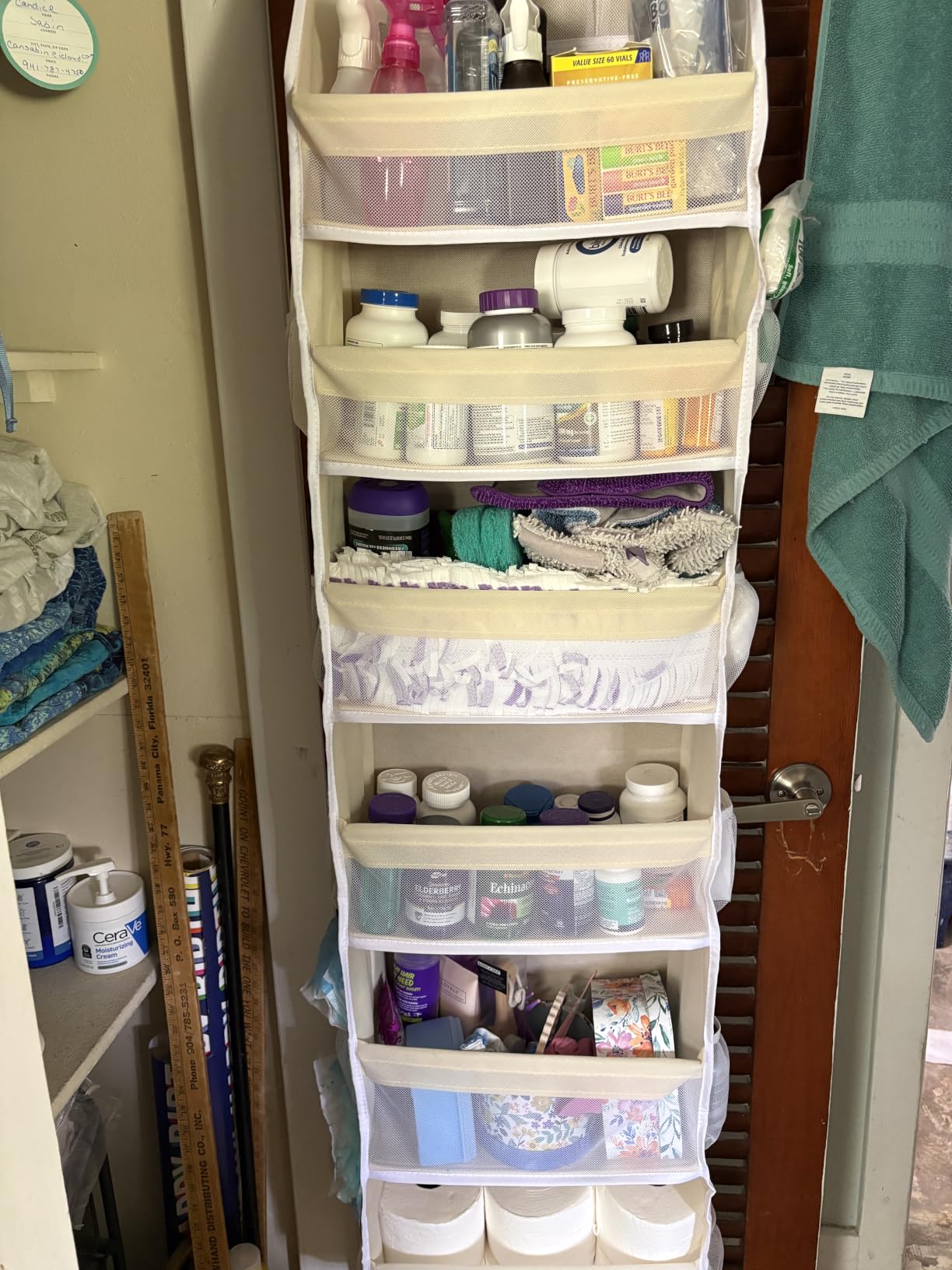 Criusia Over the Door Organizer, 6-Shelf Closet Hanging Storage with 13 Mesh Pockets, 55lbs Capacity Behind the Door Storage for Baby Nursery, Bathroom, Bedroom, and Dorm, Beige customer photo 2