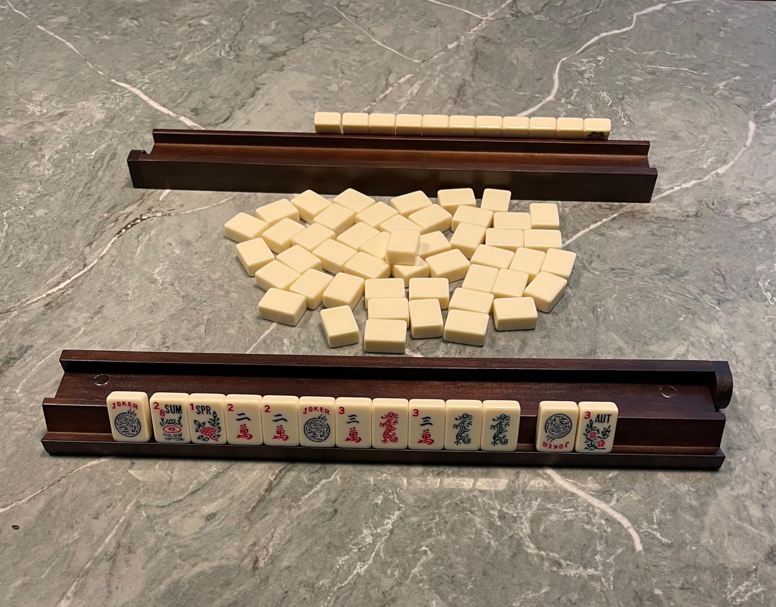 MUTEX American Mahjong Game Set, 166 Premium Mahjong Tile Set with Traveler Size Stylish Blue Carrying Bag, Western Mahjong Set with 4-Piece Walnut Wood Mahjong Racks/Pushers, Mahjong Ma Jong Set customer photo 1