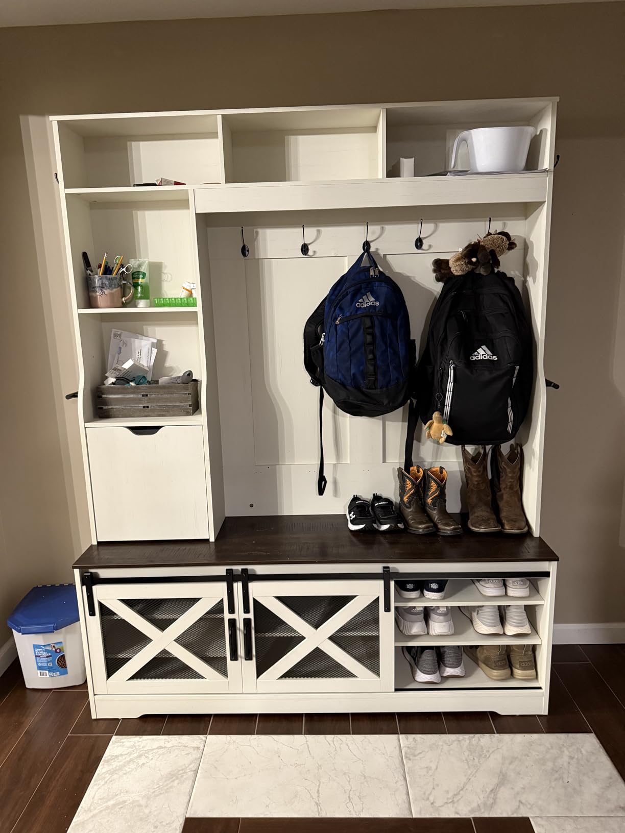 75''H 59''W Large LED Farmhouse Hall Tree with Bench and Shoe Storage, Entryway Bench with Coat Rack, 16 Shoe Cubbies & Umbrella Holder and Sock Storage Drawer, Mudroom/Hallway Storages Cabinet (Brown) customer photo 2