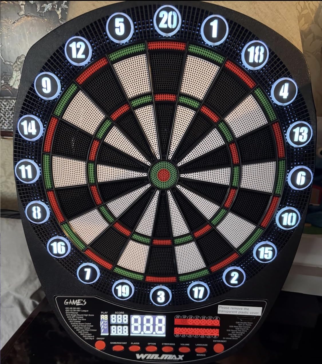 WIN.MAX Electronic Dart Board Automatic Scoring with 12 Soft Tip Darts | Low Bounce-Outs, 354 Game Variations, 3 bright LED displays, In English/German/French, batteries or AC adapter; 8 Players customer photo 2