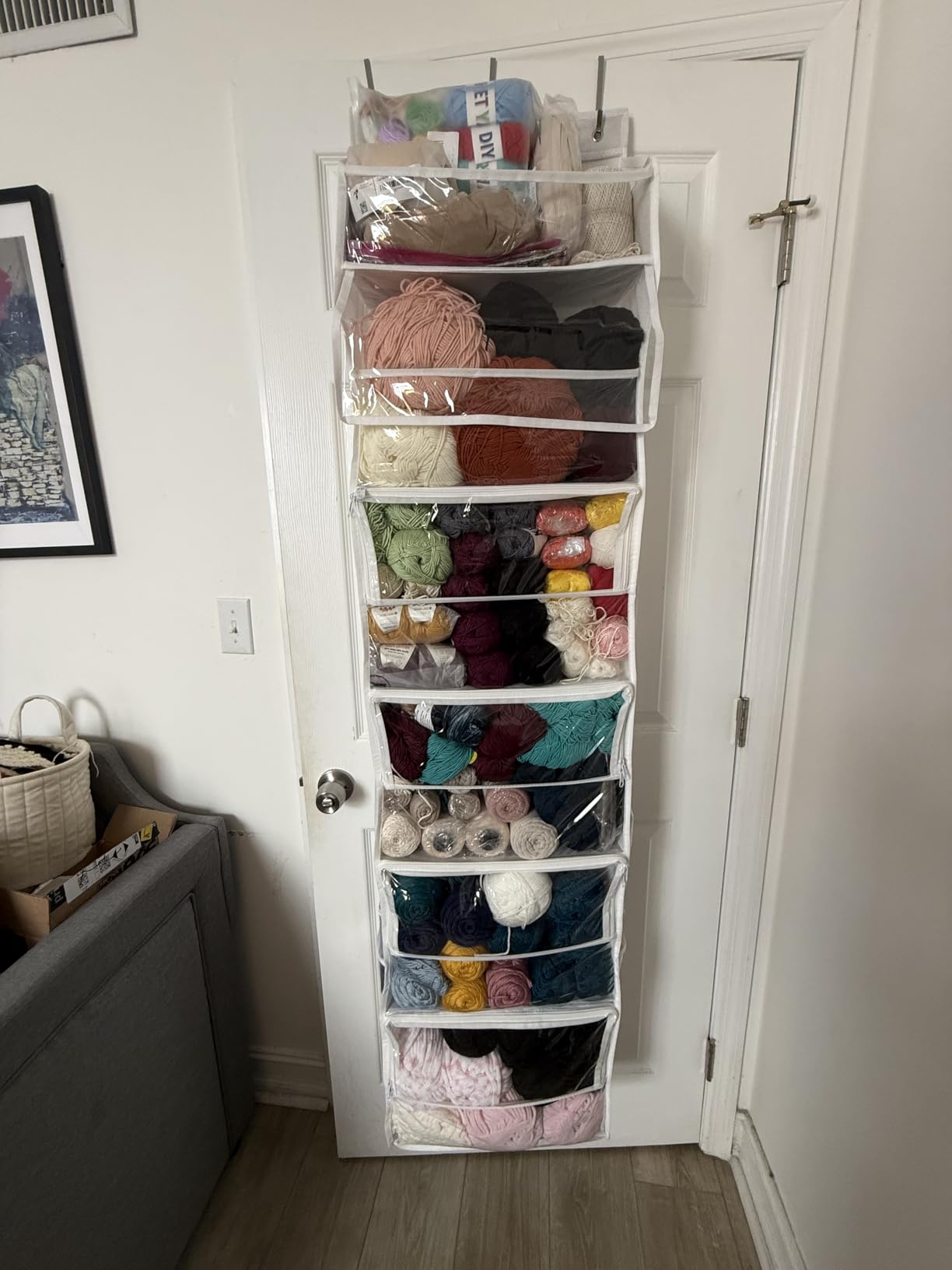 Yecaye Hanging Yarn Storage Organizer with 6 Zippered Closure Compartments, Heavy Duty Stuffed Animal Storage with Clear PVC, Dustproof Yarn Holder for Crocheting Storage, Pearl White 6 Tier customer photo 2