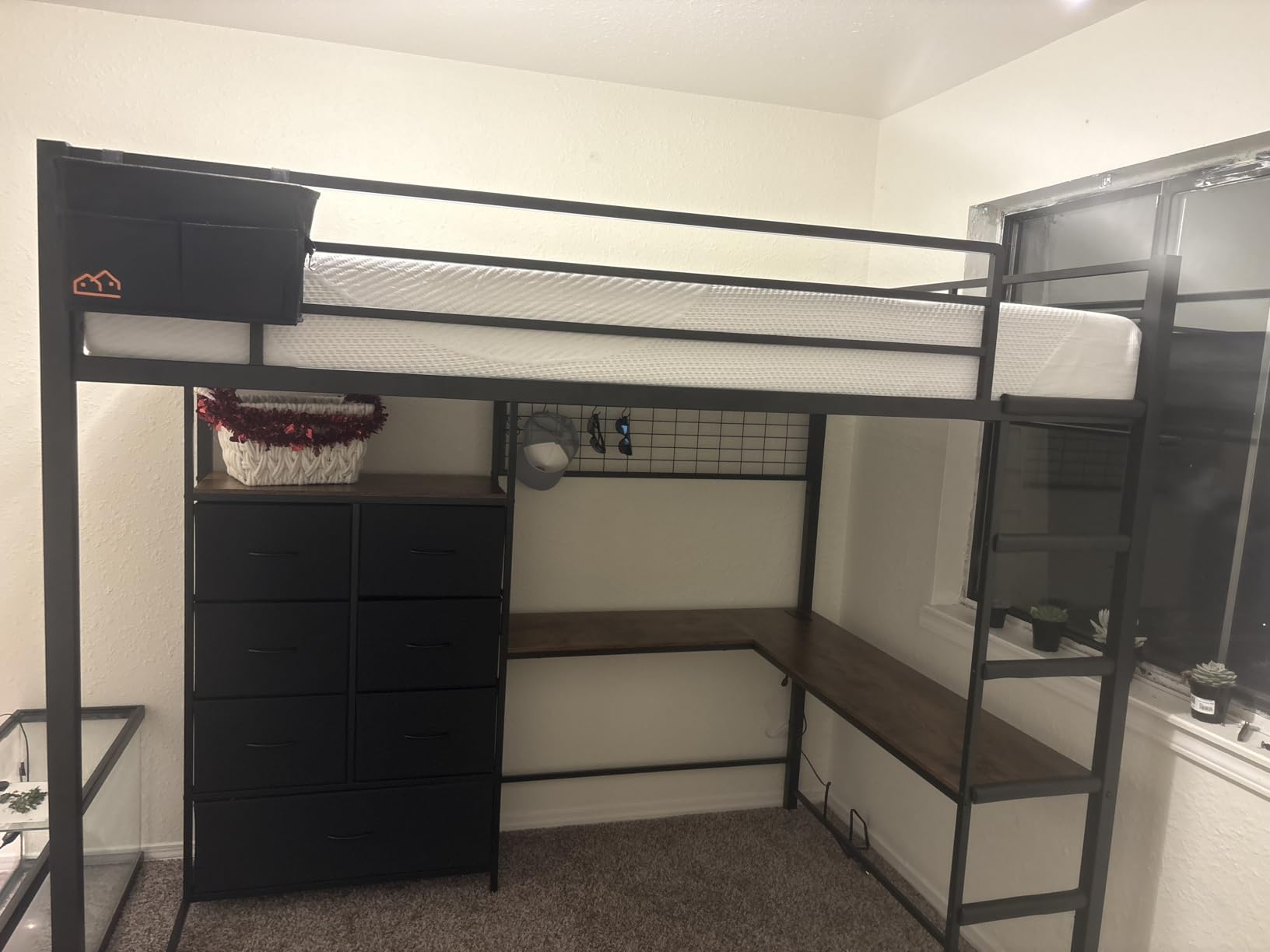 DICTAC Full Loft Bed with L-Shaped Desk and 7 Storage Drawers, Metal Full Size Loft Bed for Teen with LED Lights and Charging Station, 13.11