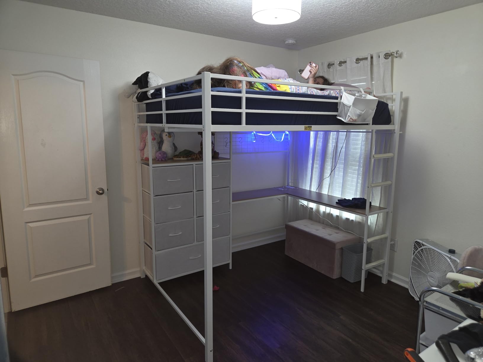 DICTAC Full Loft Bed with L-Shaped Desk and 7 Storage Drawers, Metal Full Size Loft Bed for Teen with LED Lights and Charging Station, 13.11