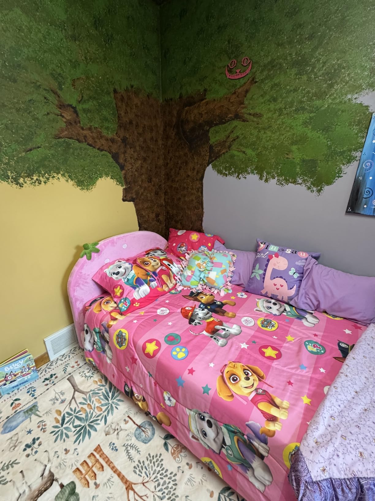 Costzon Twin Floor Bed Frame, Upholstered Kids Bed with 210D Oxford Cloth Floor Mat, Middle Support Slat & Padded Boards, Montessori Floor Bed for 3+ Kids (Blue Rainbow) customer photo 1