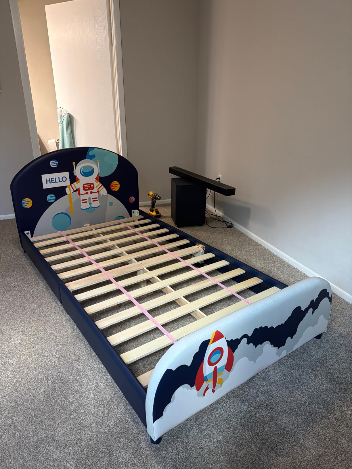 Costzon Twin Floor Bed Frame, Upholstered Kids Bed with 210D Oxford Cloth Floor Mat, Middle Support Slat & Padded Boards, Montessori Floor Bed for 3+ Kids (Blue Rainbow) customer photo 2
