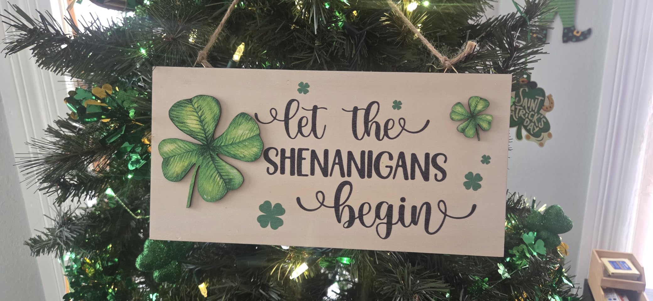 St Patricks Day Decorations Wood Sign Let the Shenanigans Begin | Hanging Wooden Decor with Two 3D Leaves Lucky Shamrock Signs for Outdoor Door Rustic Farmhouse Party Indoor Wall Art Plaque customer photo 1