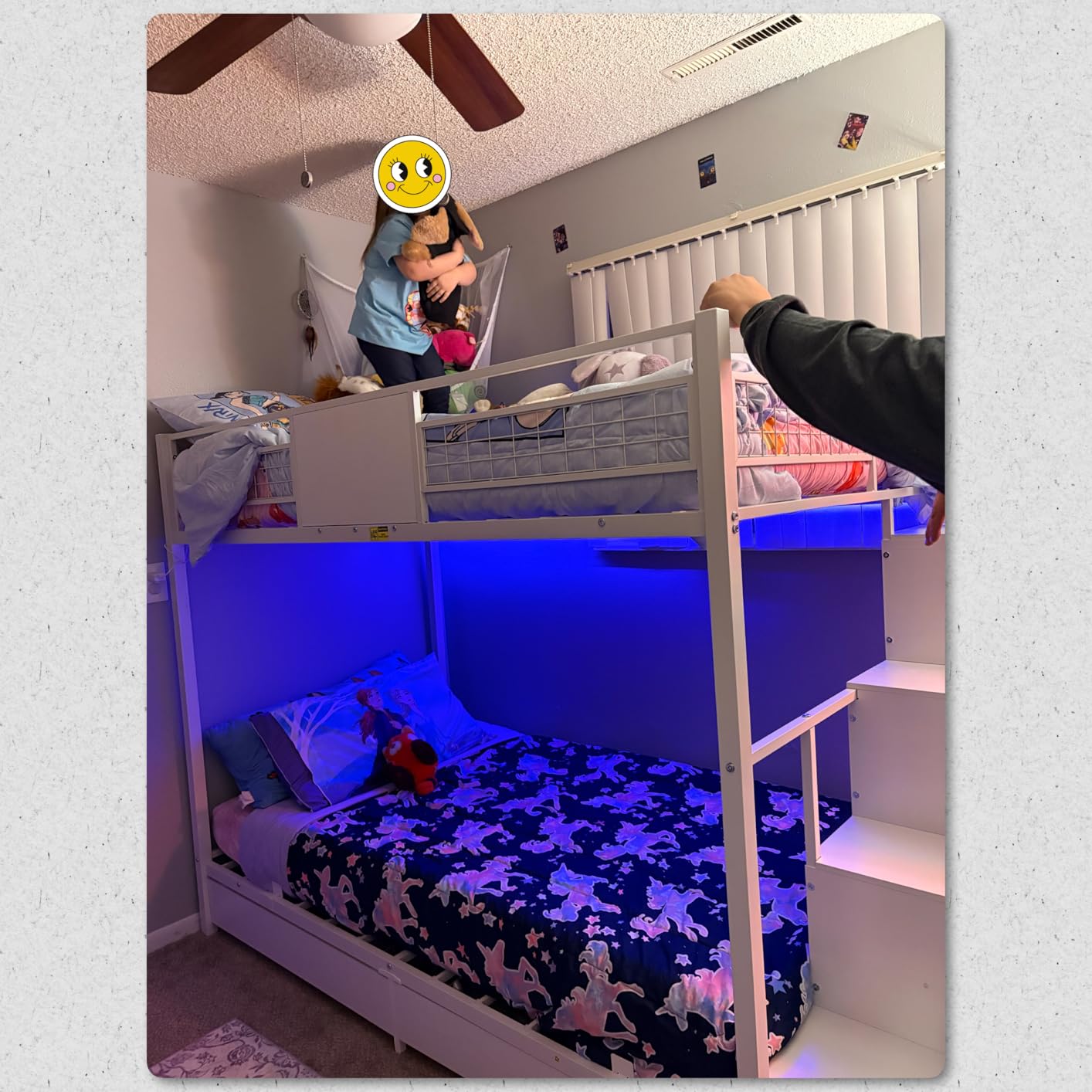 BTHFST Bunk Bed Twin Over Twin with Stairs, LED Lights Twin Bunk Bed with 2 Storage Drawers & 6 Fabric Drawers, Metal Twin Loft Beds with Guardrail & Stairs, Space Saving, Sturdy Frame for Teens customer photo 2