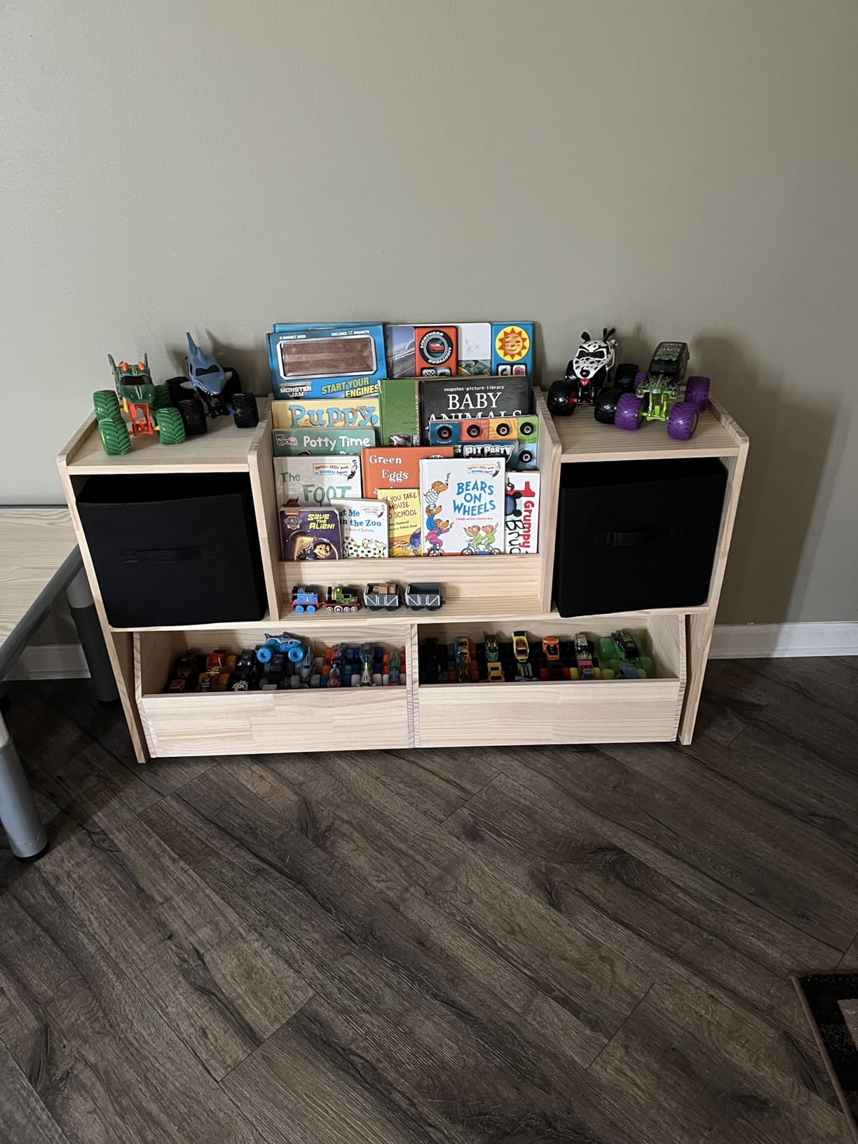 EXPERLAM Solid Wood Kids Bookshelf and Toy Storage Organizer, 3-in-1 Montessori Bookcase with Storage Cubbies and 2 Rolling Toy Bins, Toddler Bookshelf for Kids Room, Playroom, Nursery customer photo 2