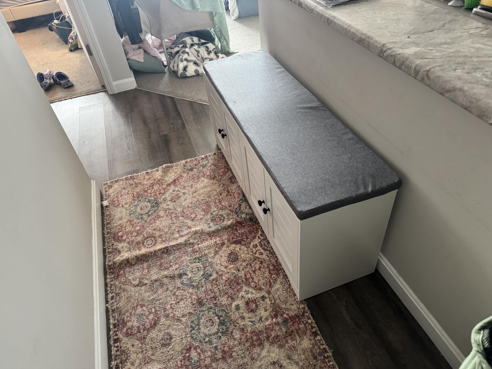 VASAGLE Shoe Storage Bench with Cushion, 3-Tier Entryway Bench with Padded Seat, Doors, Adjustable Shelves, 14 x 47.6 x 20.7 Inches, for Hallway, Bedroom, Cloud White and Dove Gray customer photo 2