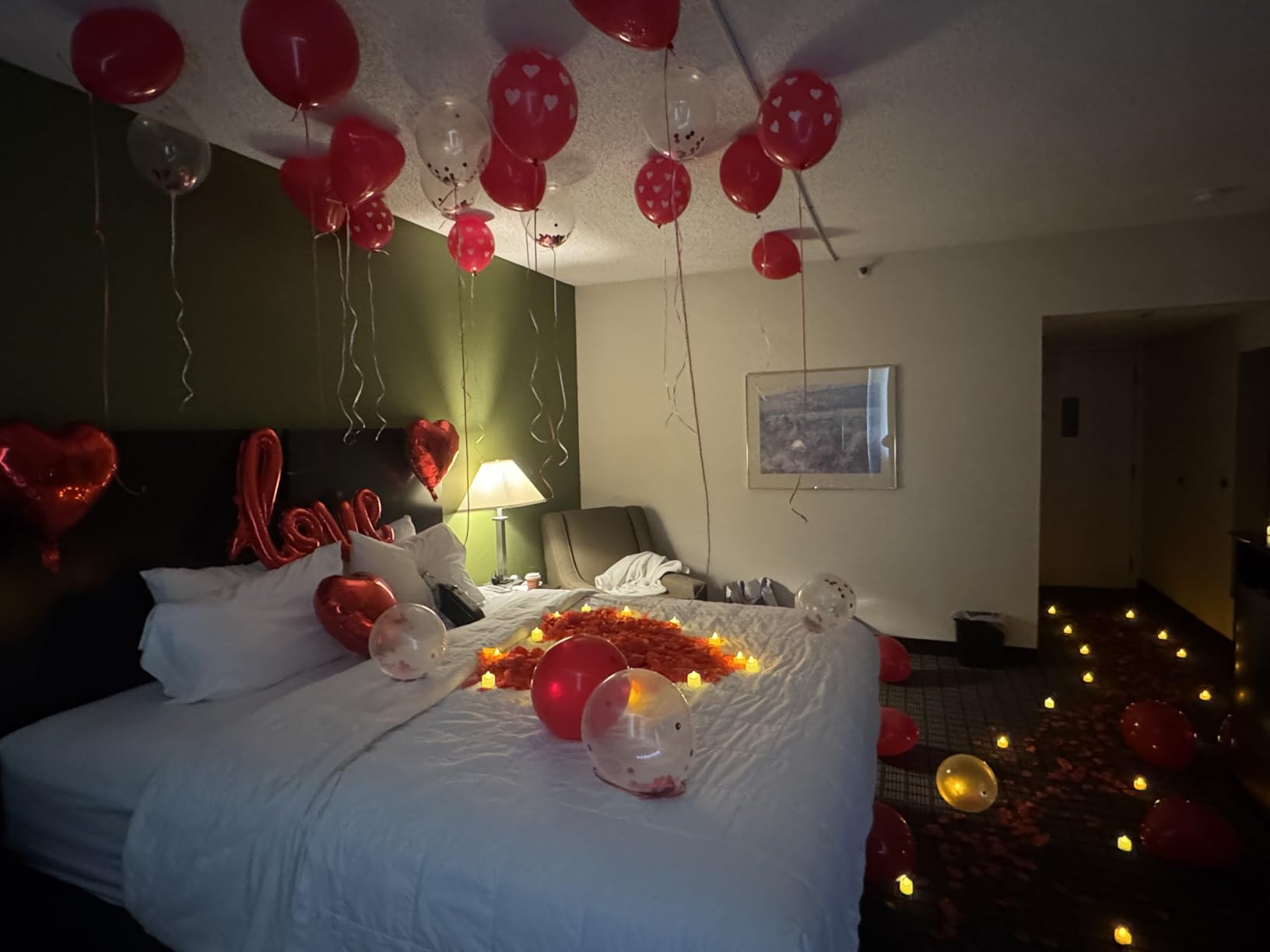 Valentine's Day Decorations Set - Red Heart Balloon Kit with LOVE Foil, LED Candle Lights & Rose Petals, Romantic Room Decor for Proposal, Bedroom or Hotel customer photo 2
