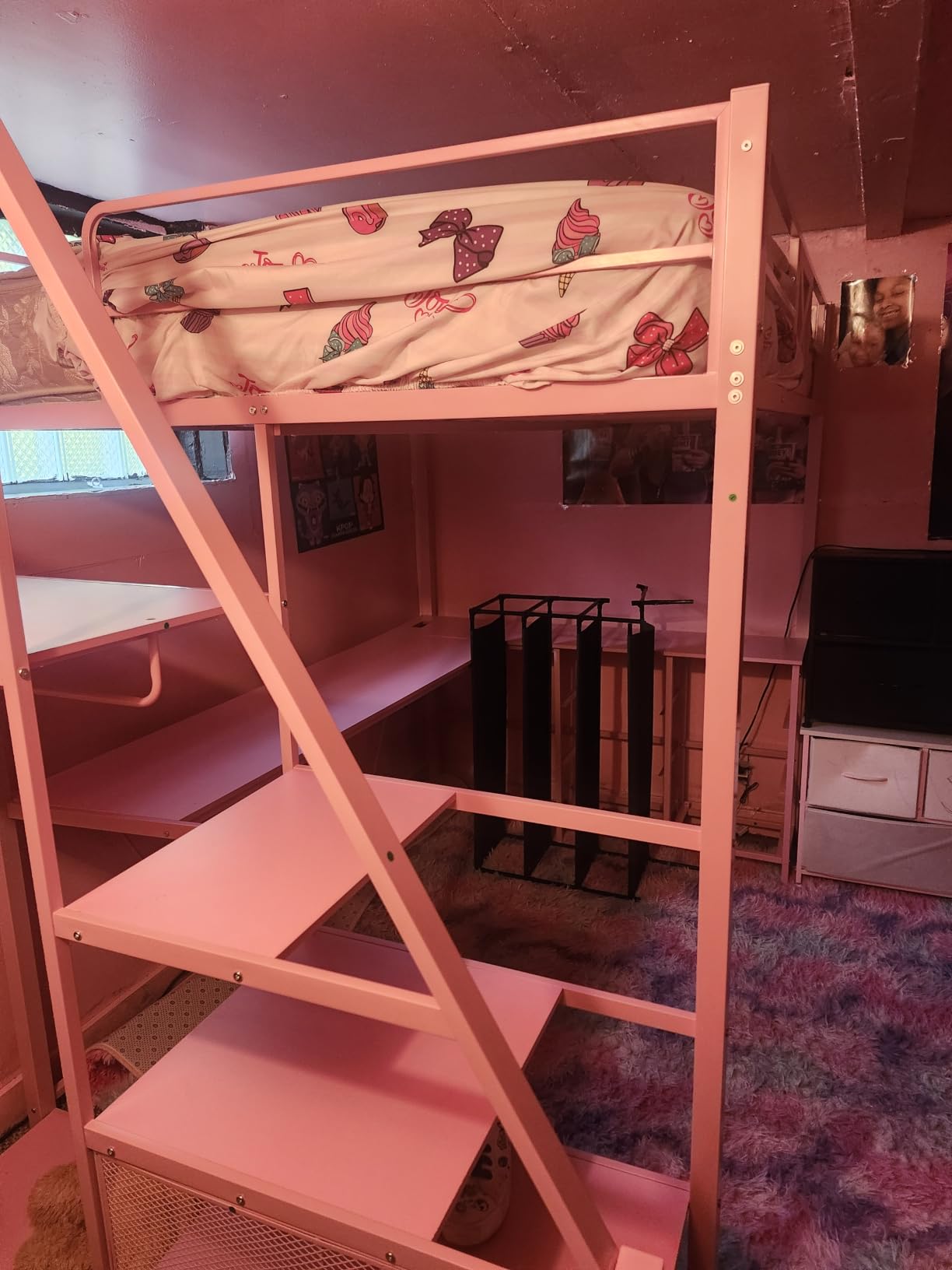 Itaar Full Size Loft Bed with Desk and Storage Stairs, Metal Loft Bed with 6 Storage Drawers, Hall Tree, LED Lights and Power Outlet, Rustic Brown customer photo 2