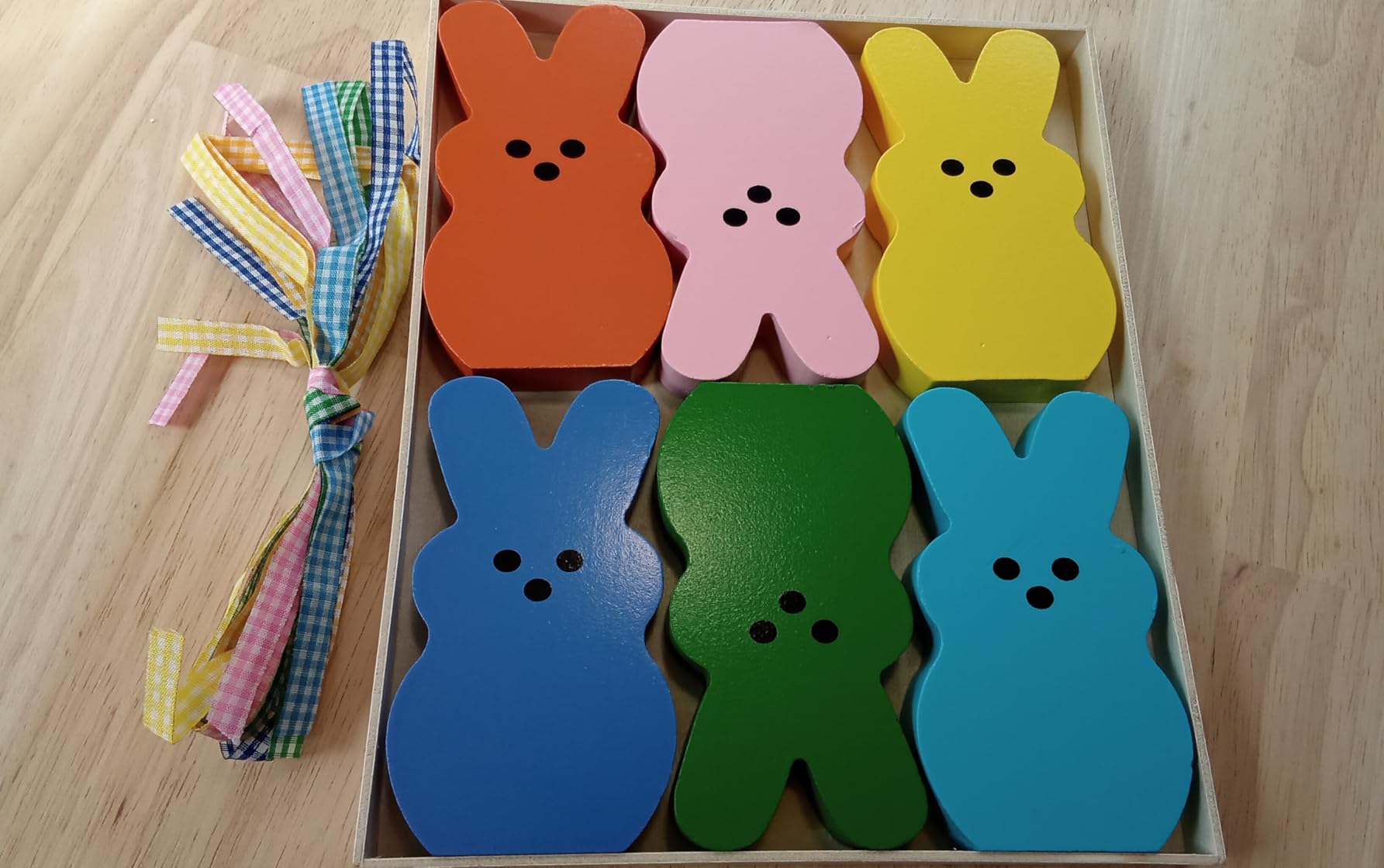 OLANRUN Easter Decorations for Home, 6 Pcs Wooden Bunny Table Decorations Signs with DIY Ribbons, Indoor Spring Easter Decor for Office Bedroom Kitchen Tiered Tray Mantel Shelf customer photo 2