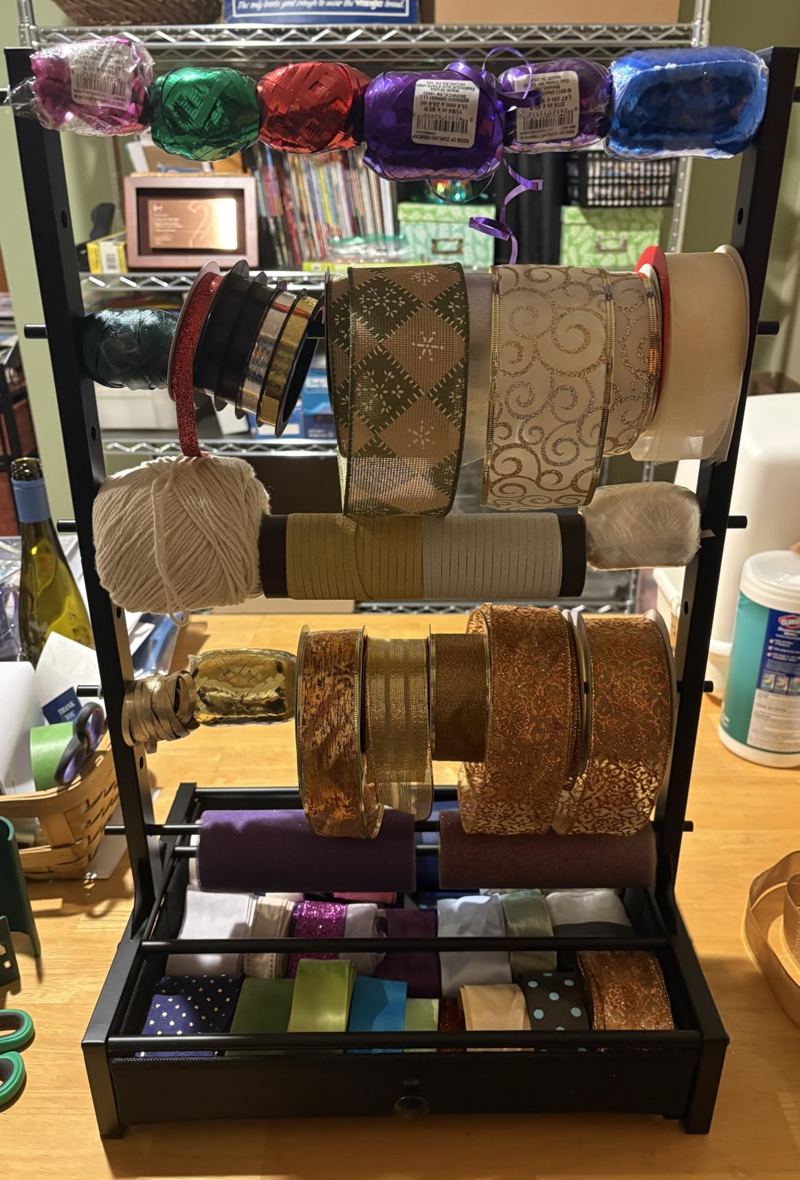 Ribbon Organizer with Fabric Drawer, Adjustable 5-Tier Ribbon Holder Rack | Stores Gift Wrap Ribbons, Craft Supplies, and Wrapping Tools with a Stable Metal Design customer photo 1