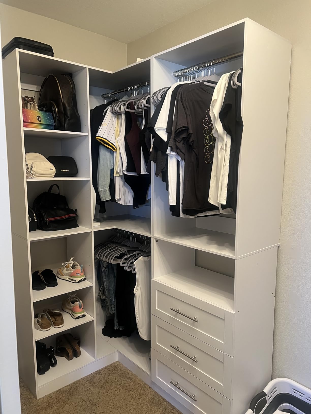 Closet System with 9 Drawers, Corner Closet Organizer Systems with 9 Shelves and 9 Hanging Rods L-Shaped Walk in Closet Freestanding Corner Tower Modular Storage System 4 Sets 2800+ Lbs Capacity White customer photo 1