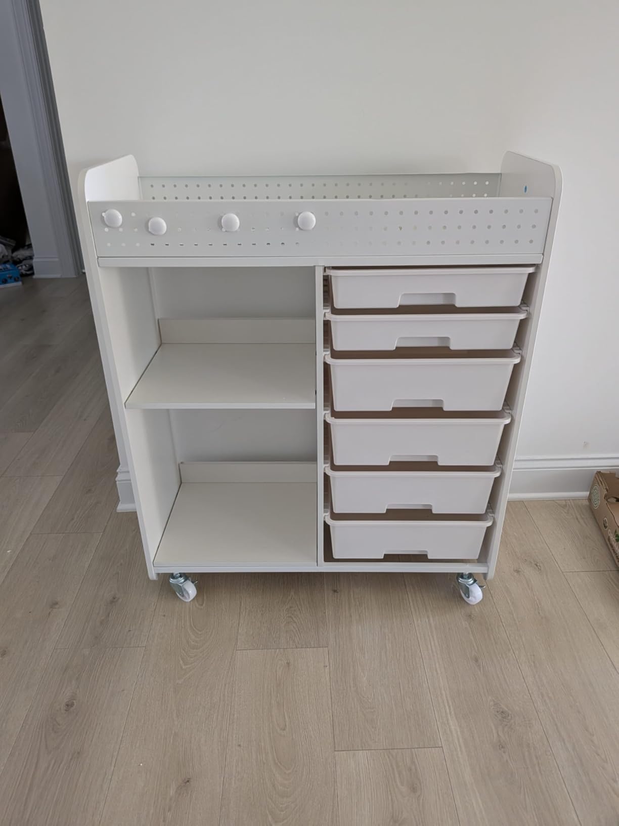 Rolling Storage Cart with Top Pegboard and 6 Drawers, Mobile Utility Cart on Wheels with Locking Brakes, Craft Organizer Lateral File Cabinet for Home, Office and Craft Room - Wood Frame(White) customer photo 1