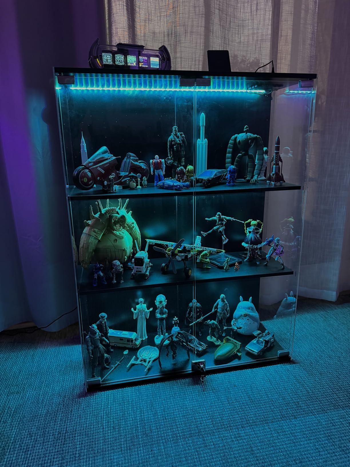 VersionTECH. Glass Display Cabinet with RGB LED Lights, Full-View Display, 3-Tier Display Case with Glass Doors for Collectibles, Cabinets with Lock, Human Sensor, Charging Station, Black customer photo 1