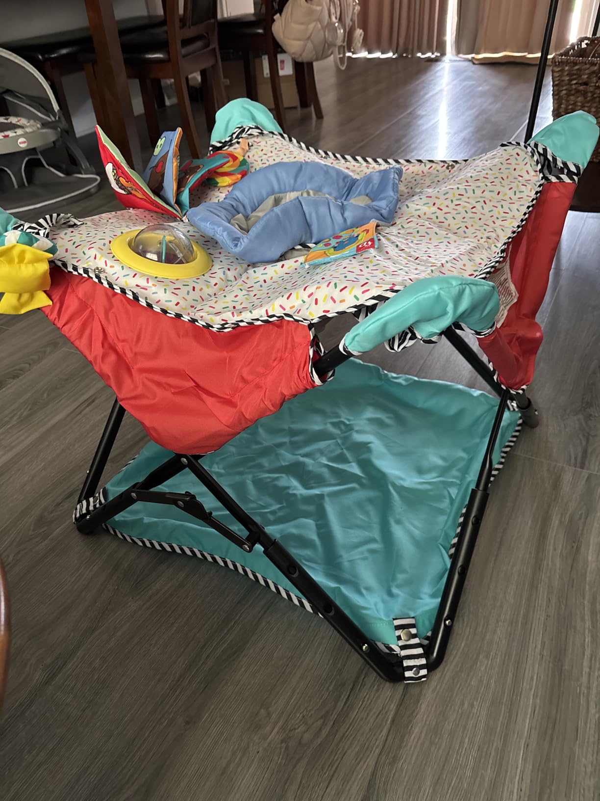 Bright Starts Pop 'N Jump Portable Baby Activity Center, Indoor Outdoor Use, Lightweight, Carrying Bag, Canopy, 6-12 Months - Sky Stripes Blue customer photo 1