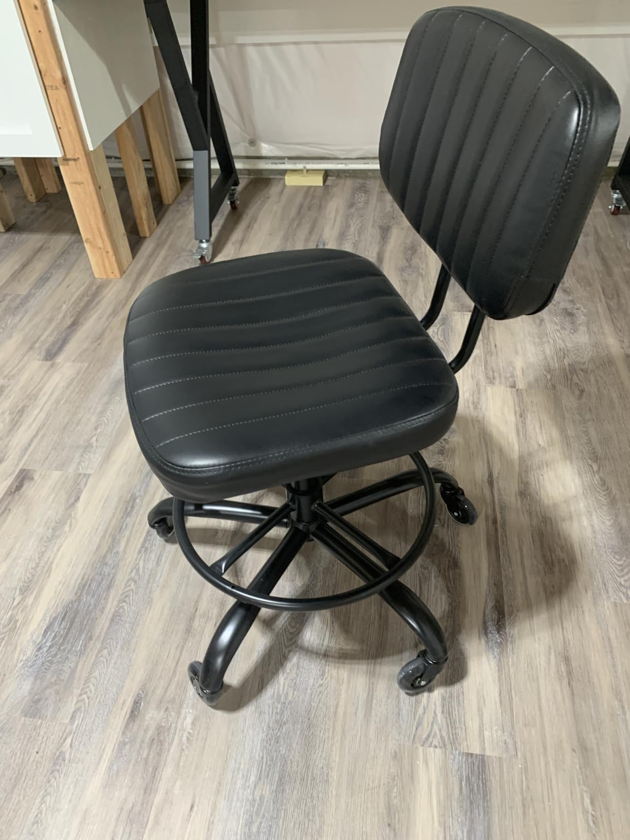 DUMOS Armless Drafting Chair, Standing Desk Chair, Rolling Stool, Ergonomic Low Back Office Seat, Height Adjustable with Footrest Ring, PU Leather, Swivel Wheels, Studio Lab Counter, Beige customer photo 1