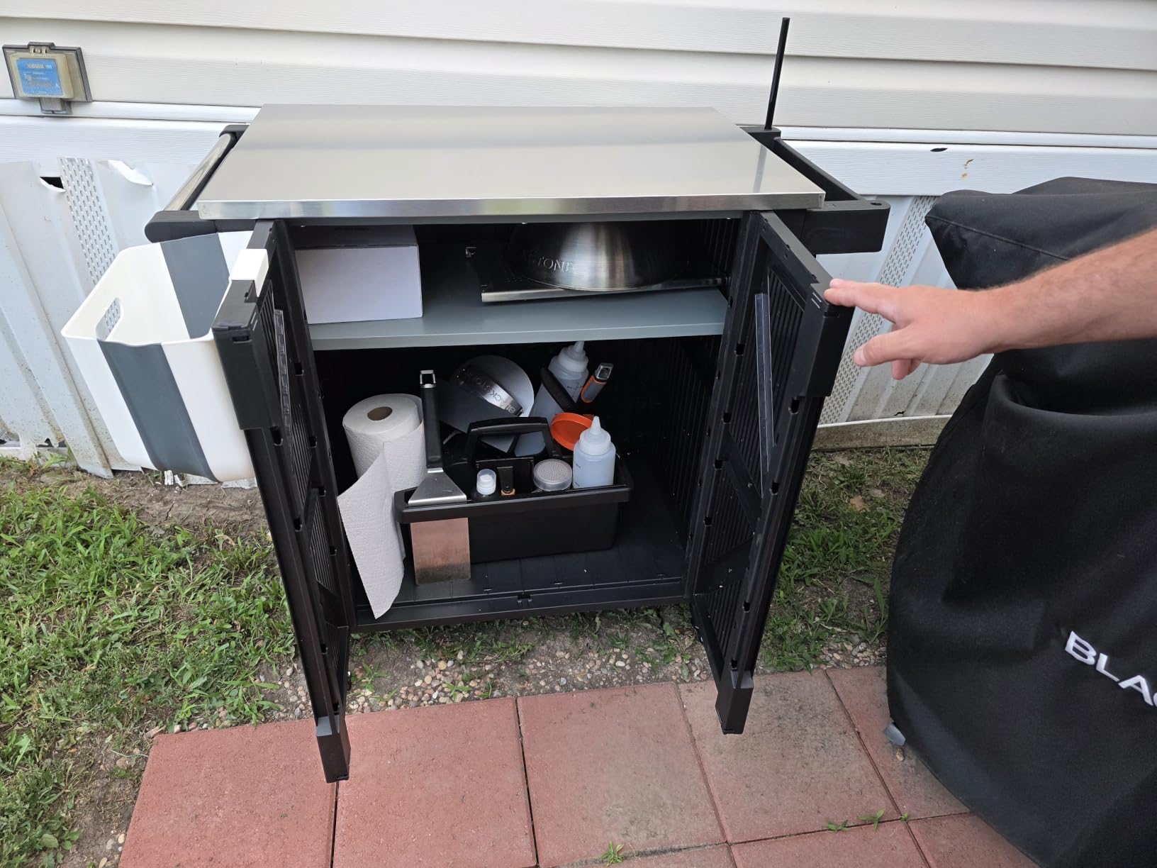 Outdoor Grill Cart with Stainless Steel Top, Outdoor Kitchen Island BBQ Prep Table, 2-Tier Storage Cabinet, Rolling Utility Station with Hanging Trash Bin, Wheels, Side Shelf for Patio, Yard, Picnic customer photo 1