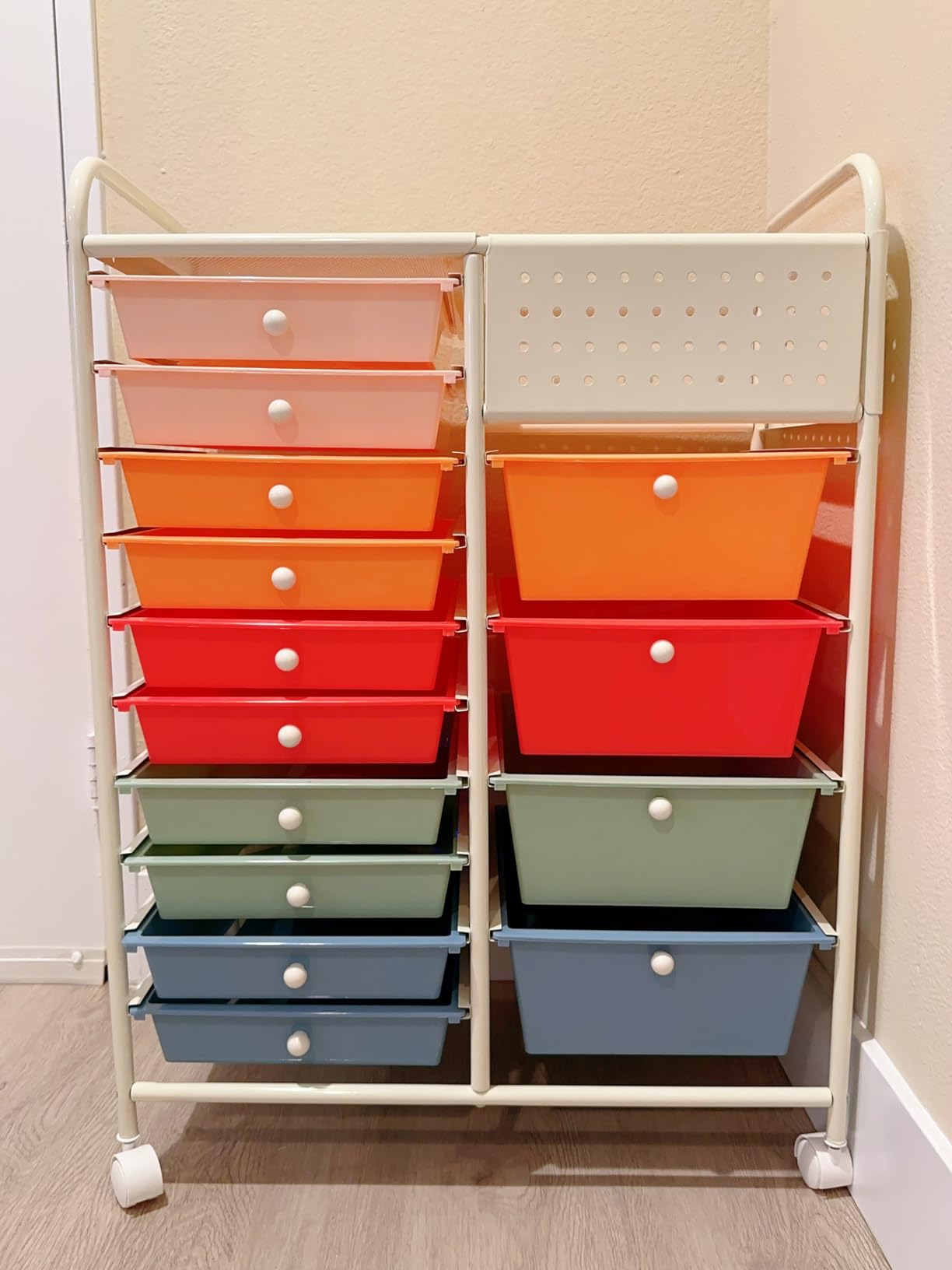 Giantex 15 Drawer Storage Cart, Rolling Craft Cart with Metal Tabletop & Pegboard, Mobile Utility Organizer Trolley with Locking Wheels, Home Office, Classroom, Teacher Supplies, Ivory customer photo 2