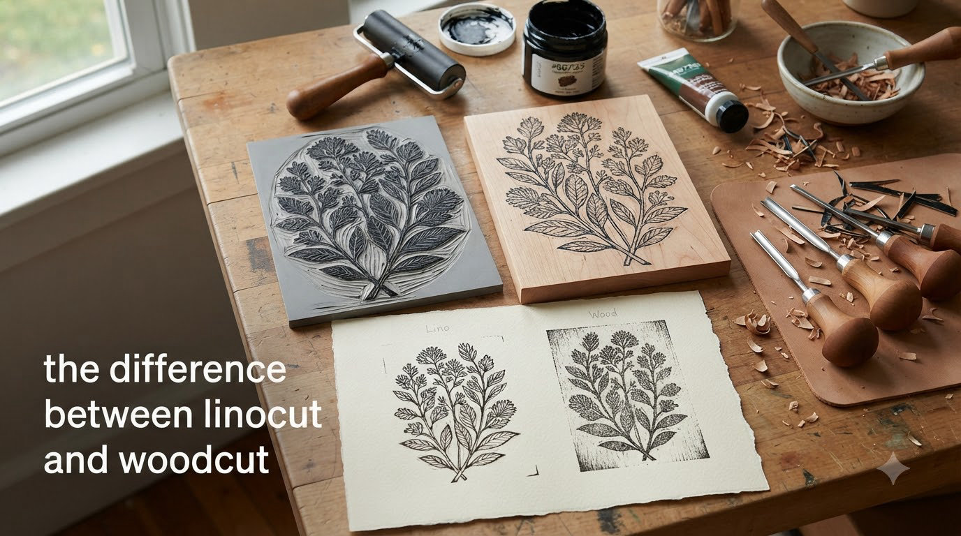 the difference between linocut and woodcut
