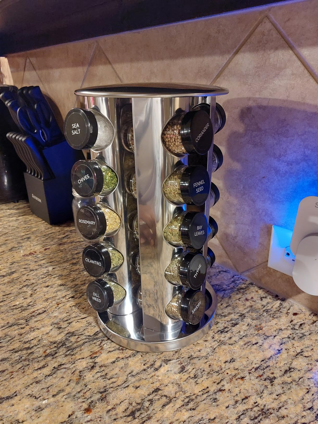 Kamenstein 20 Jar Revolving Countertop Spice Rack with Spices Included, FREE Spice Refills for 5 Years, Polished Stainless Steel with Black Caps, 30020 customer photo 2