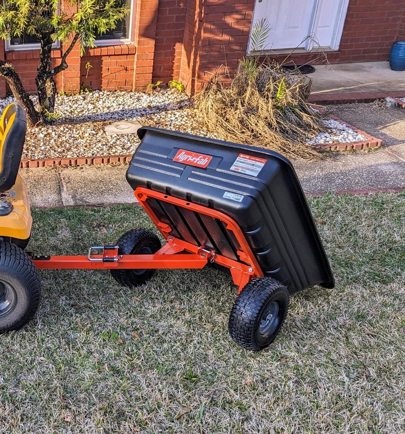 Agri-Fab Inc 350-Pound Steel Tow Behind Dump Cart, 10-Cubic Feet Capacity – Removable Tail Gate, Garden Utility Trailer, Black, Made in the USA; Model # 45-0303 customer photo 2
